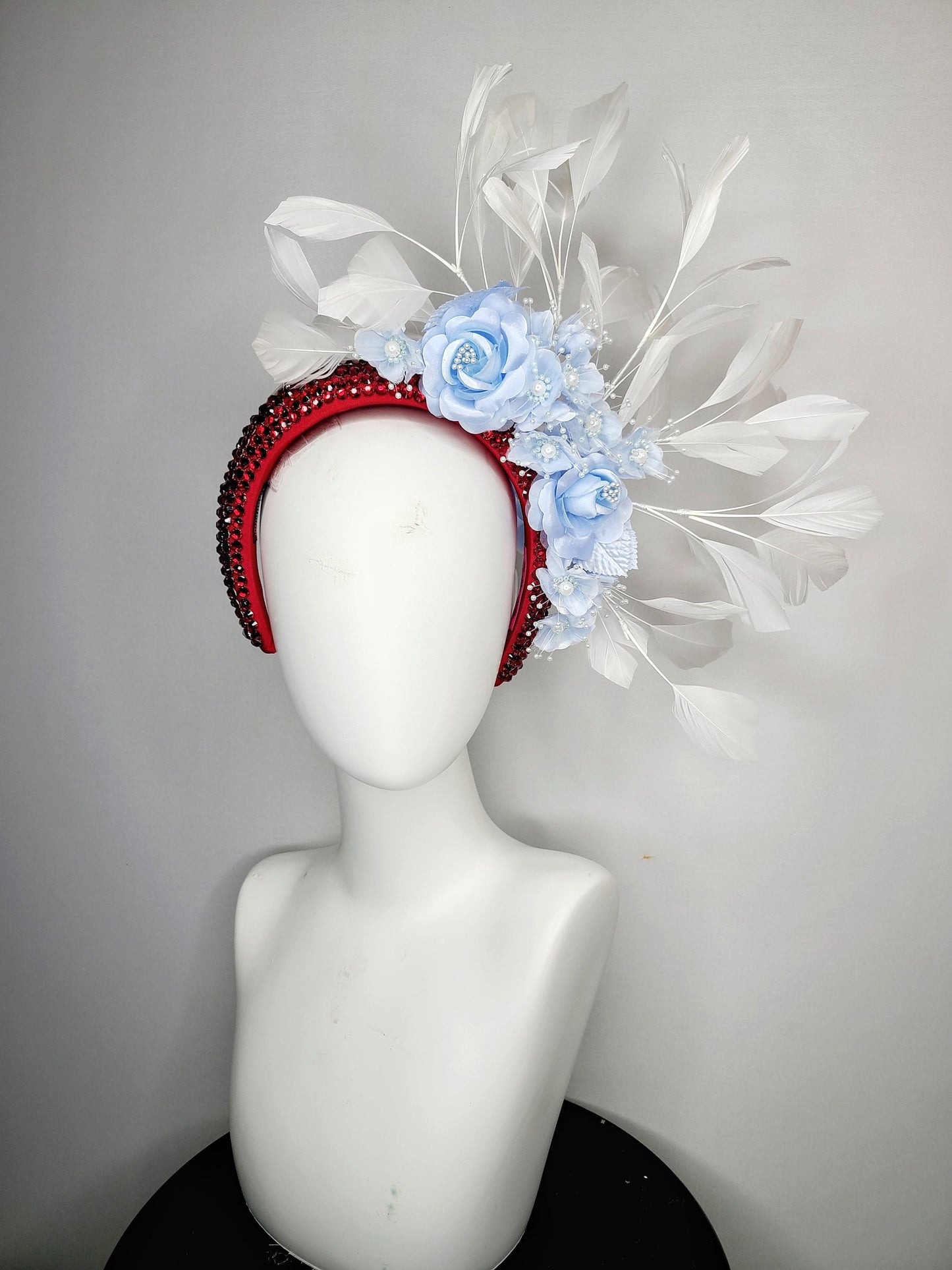 kentucky derby hat fascinator scarlet red swarovski crystal headband with light blue satin flowers pearls leaves white feathers