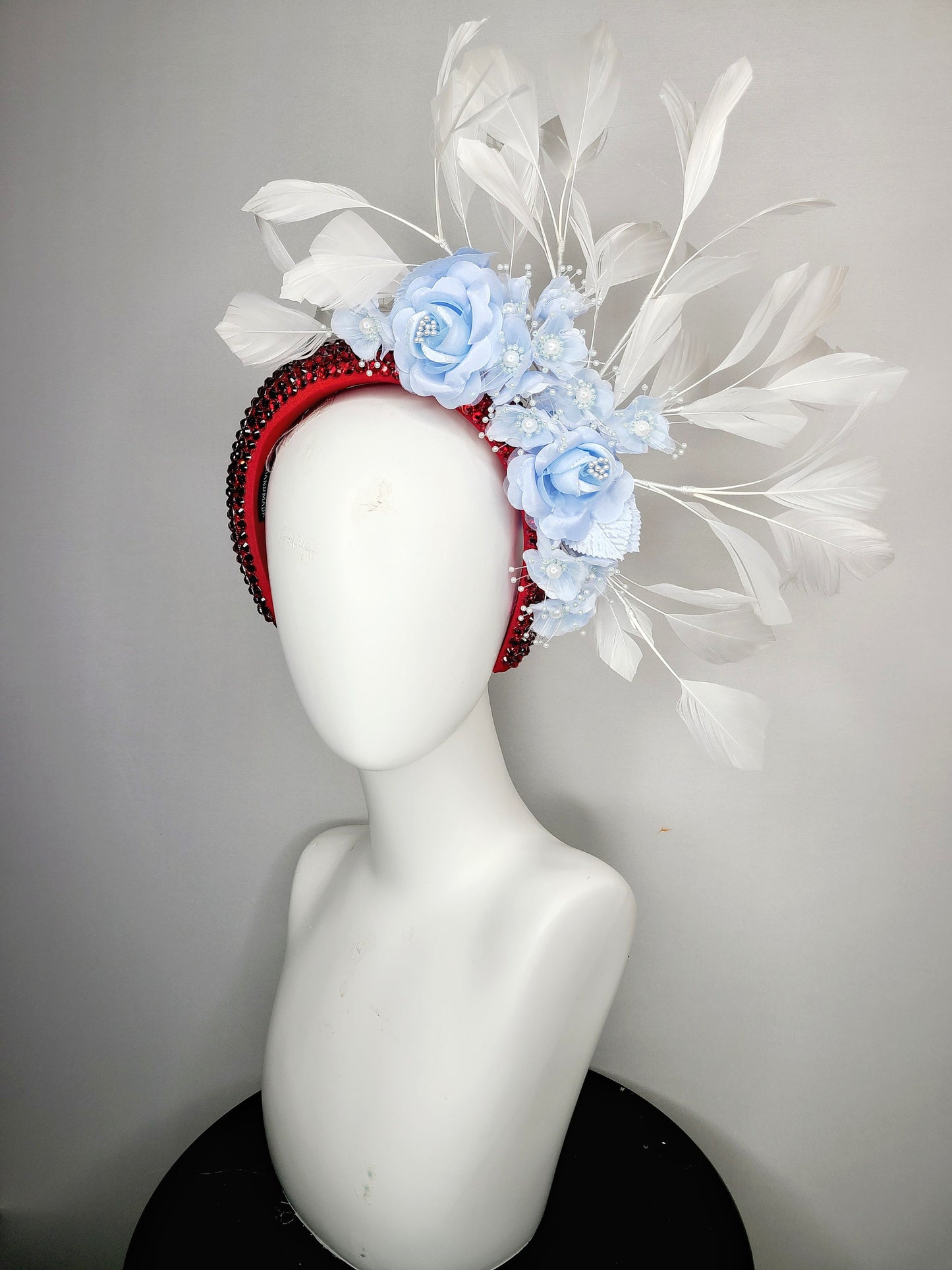 kentucky derby hat fascinator scarlet red swarovski crystal headband with light blue satin flowers pearls leaves white feathers