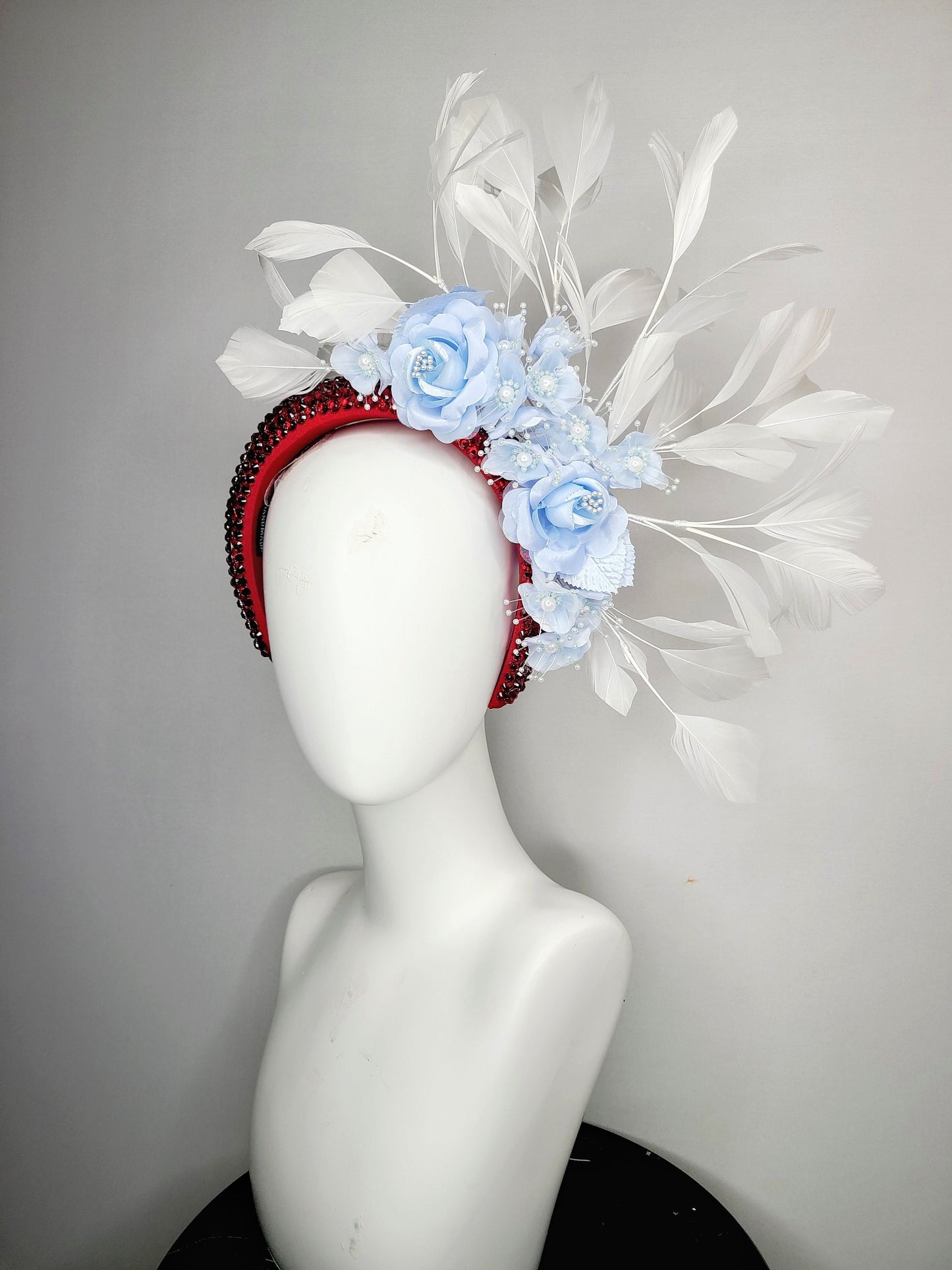 kentucky derby hat fascinator scarlet red swarovski crystal headband with light blue satin flowers pearls leaves white feathers