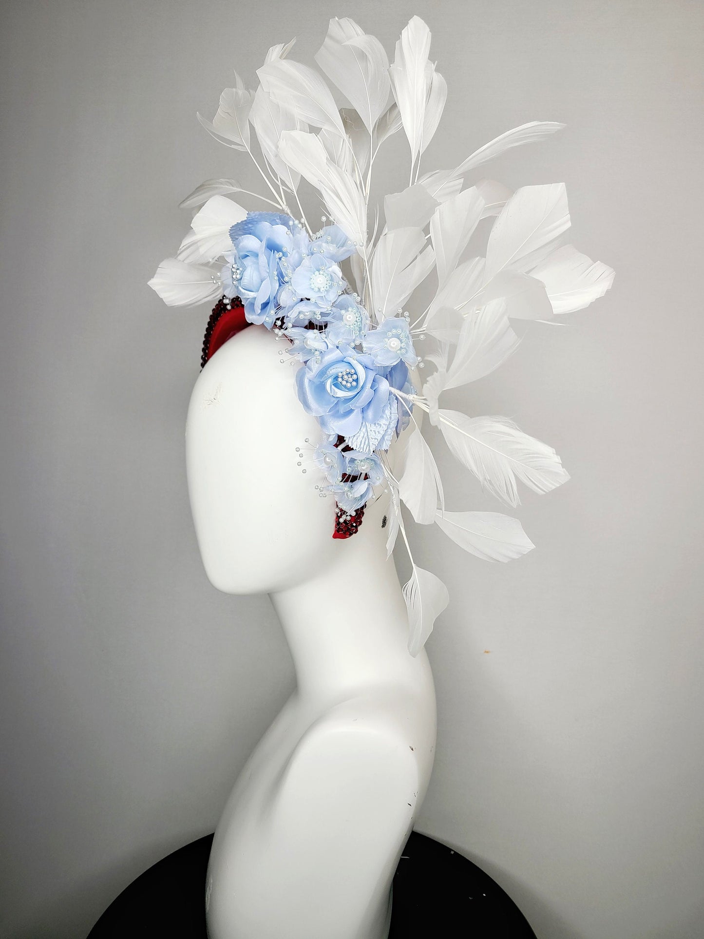 kentucky derby hat fascinator scarlet red swarovski crystal headband with light blue satin flowers pearls leaves white feathers