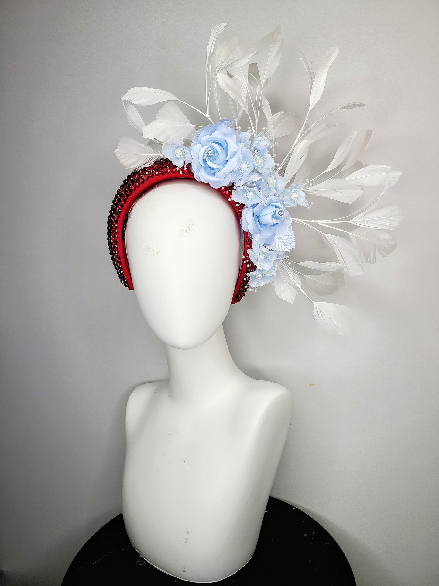 kentucky derby hat fascinator scarlet red swarovski crystal headband with light blue satin flowers pearls leaves white feathers