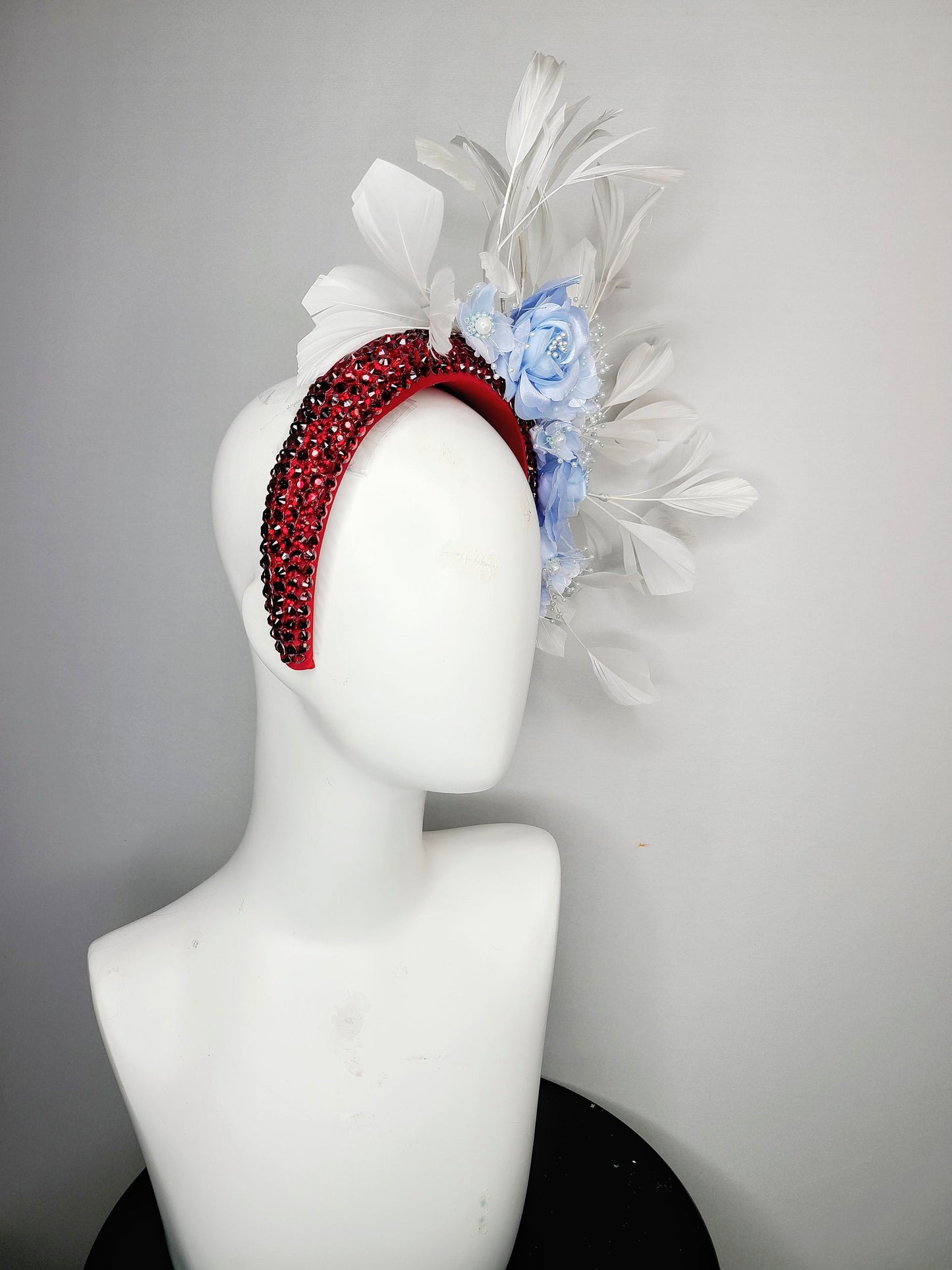 kentucky derby hat fascinator scarlet red swarovski crystal headband with light blue satin flowers pearls leaves white feathers