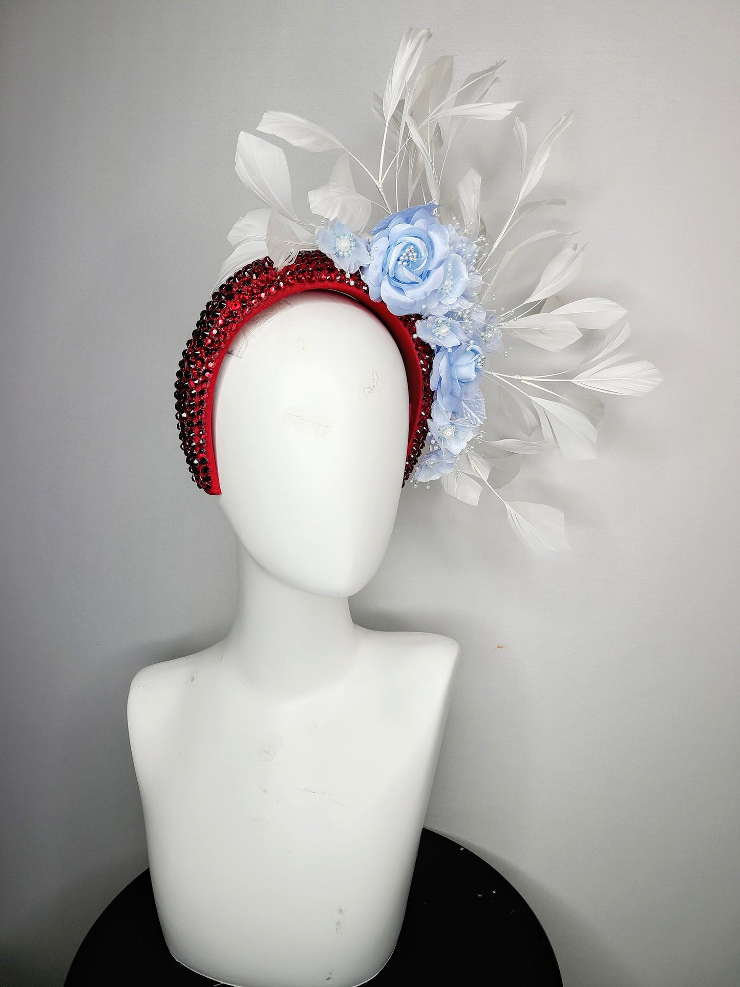 kentucky derby hat fascinator scarlet red swarovski crystal headband with light blue satin flowers pearls leaves white feathers
