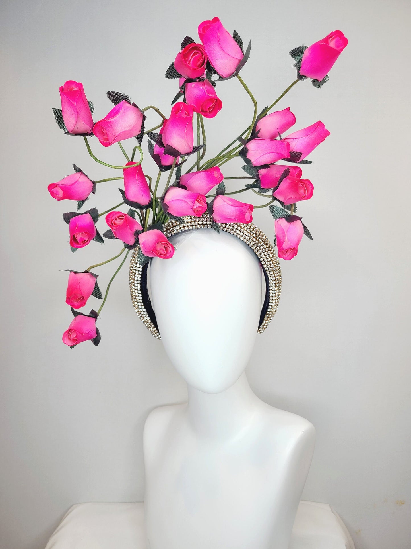 kentucky derby hat fascinator silver swarovski crystal headband with fuchsia bright pink roses green stems and leaves
