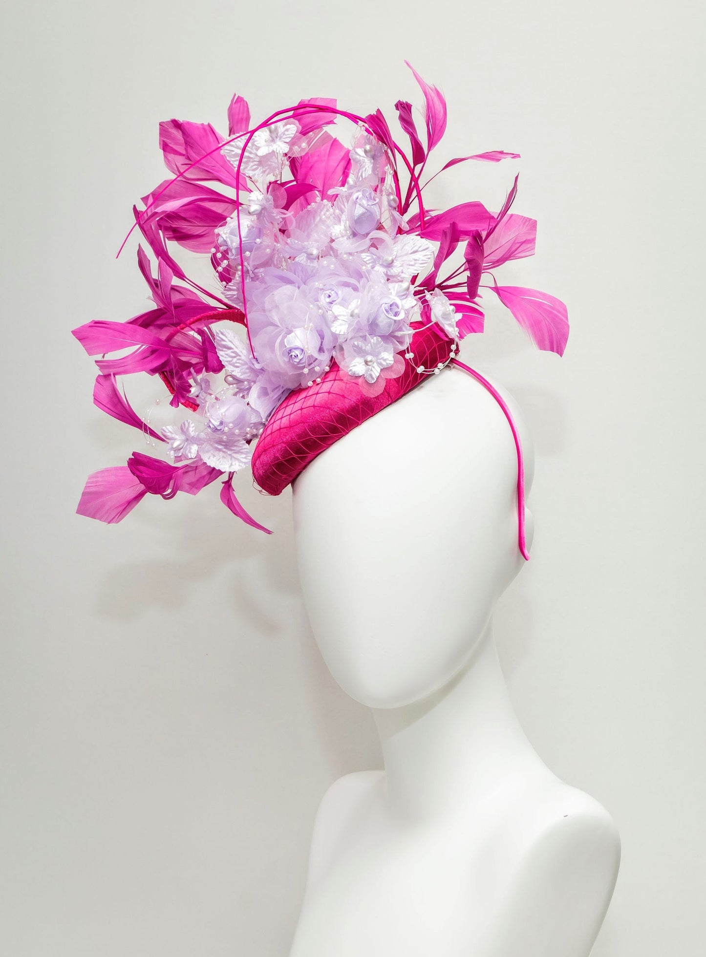kentucky derby hat fascinator magenta fuchsia hot pink satin with bright pink feathers lavender light purple satin flowers pearls leaves