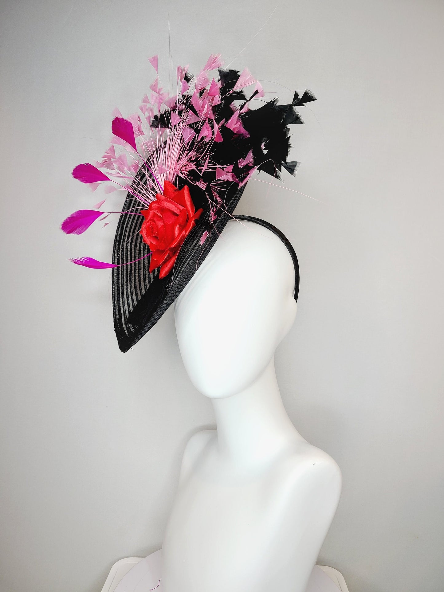 kentucky derby hat fascinator black stripe crinoline with black and pink feathers, fuchsia feathers and red rose