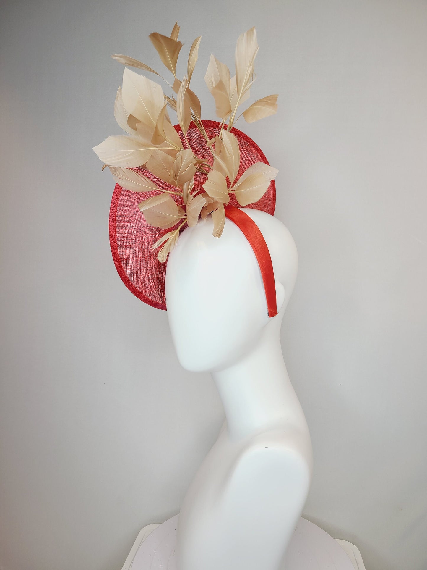 kentucky derby hat fascinator red sinamay with colorful crystal rhinestone bow decor with beige gold feathers