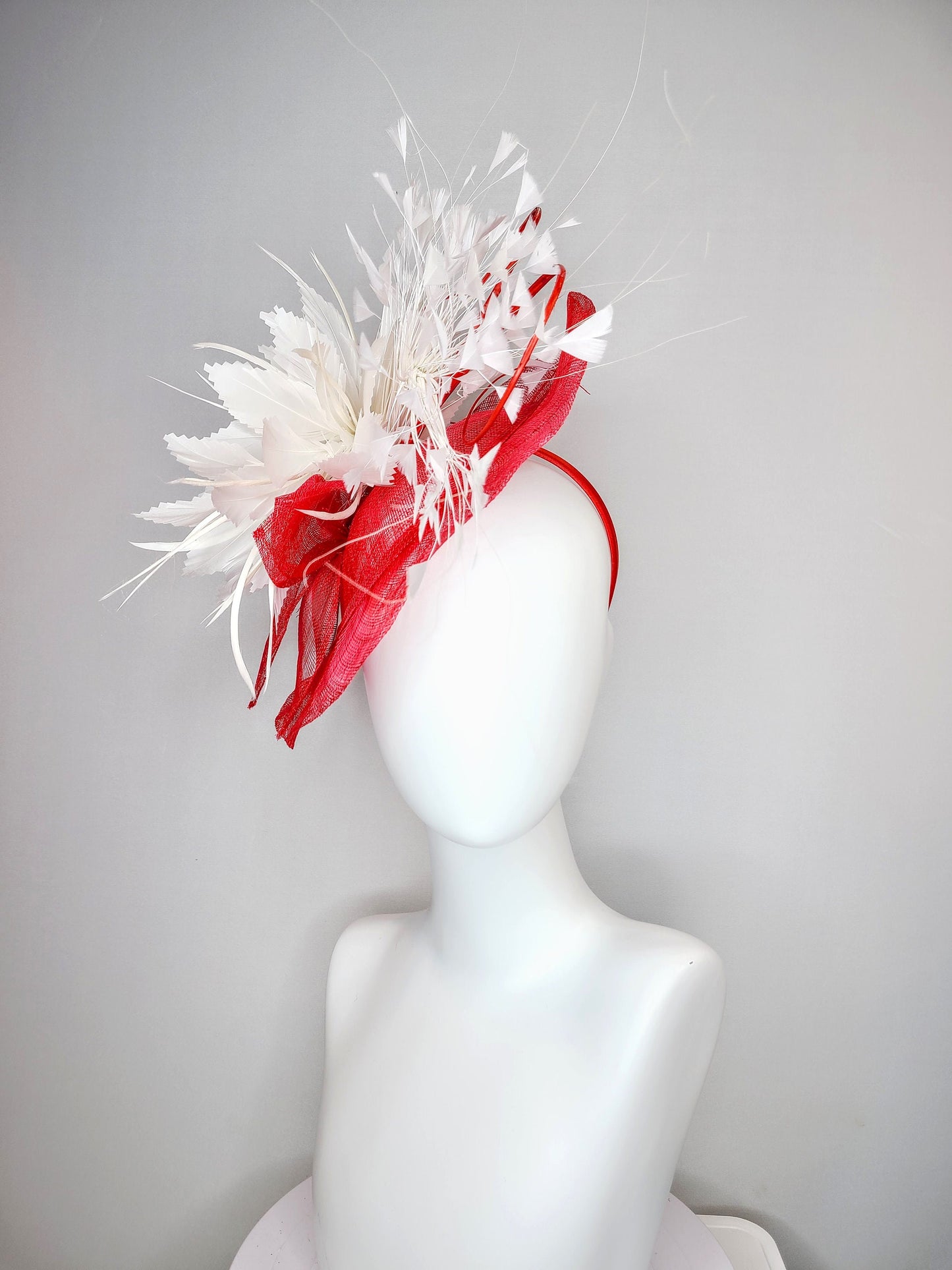 kentucky derby hat fascinator red sinamay saucer and flower with quills with white feather flower and feather spray
