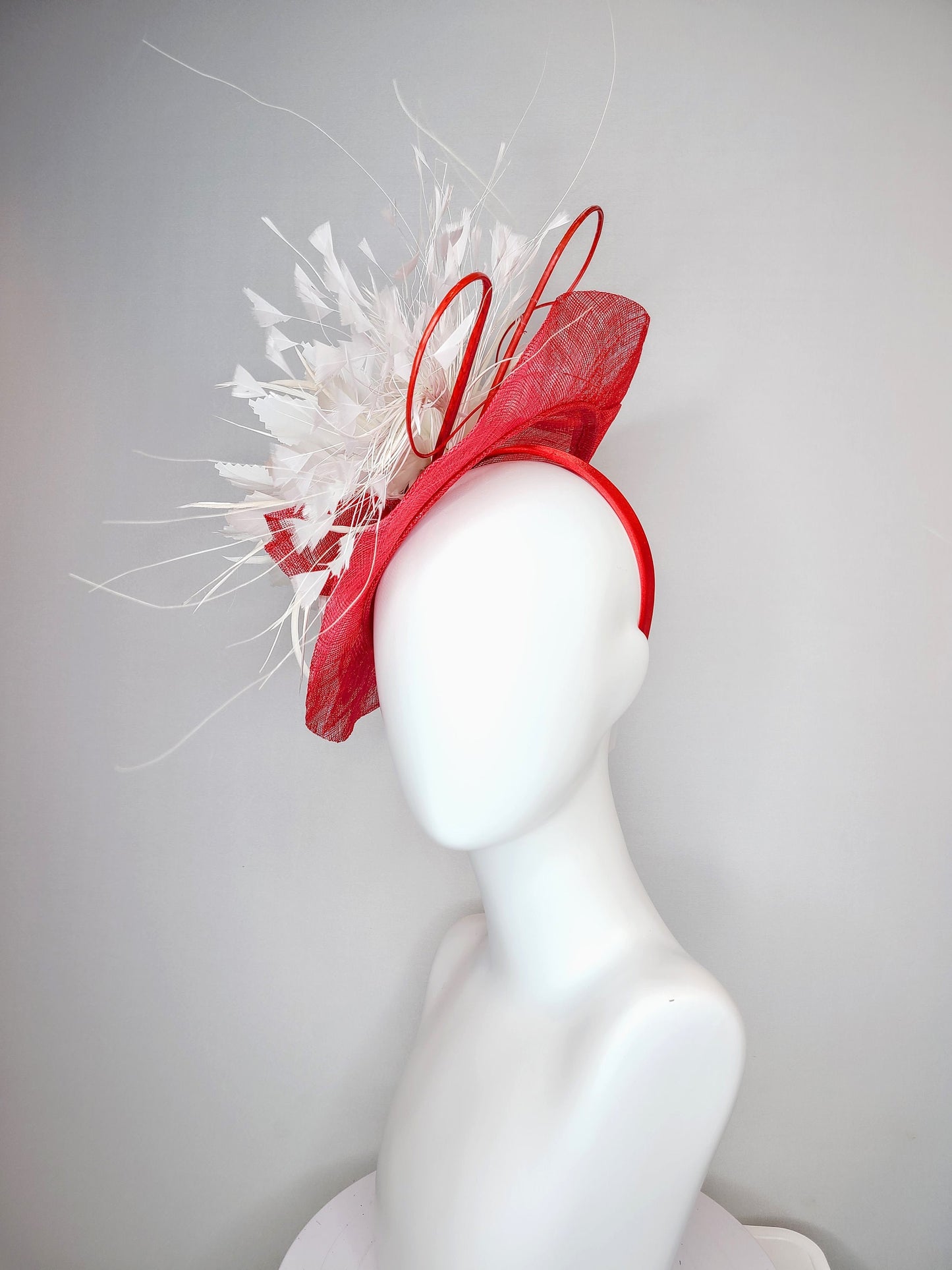 kentucky derby hat fascinator red sinamay saucer and flower with quills with white feather flower and feather spray