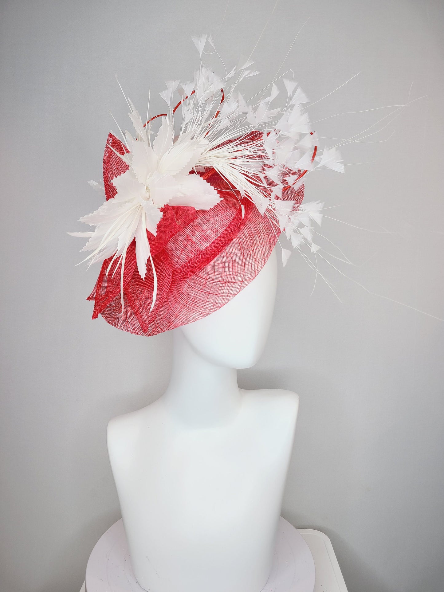 kentucky derby hat fascinator red sinamay saucer and flower with quills with white feather flower and feather spray