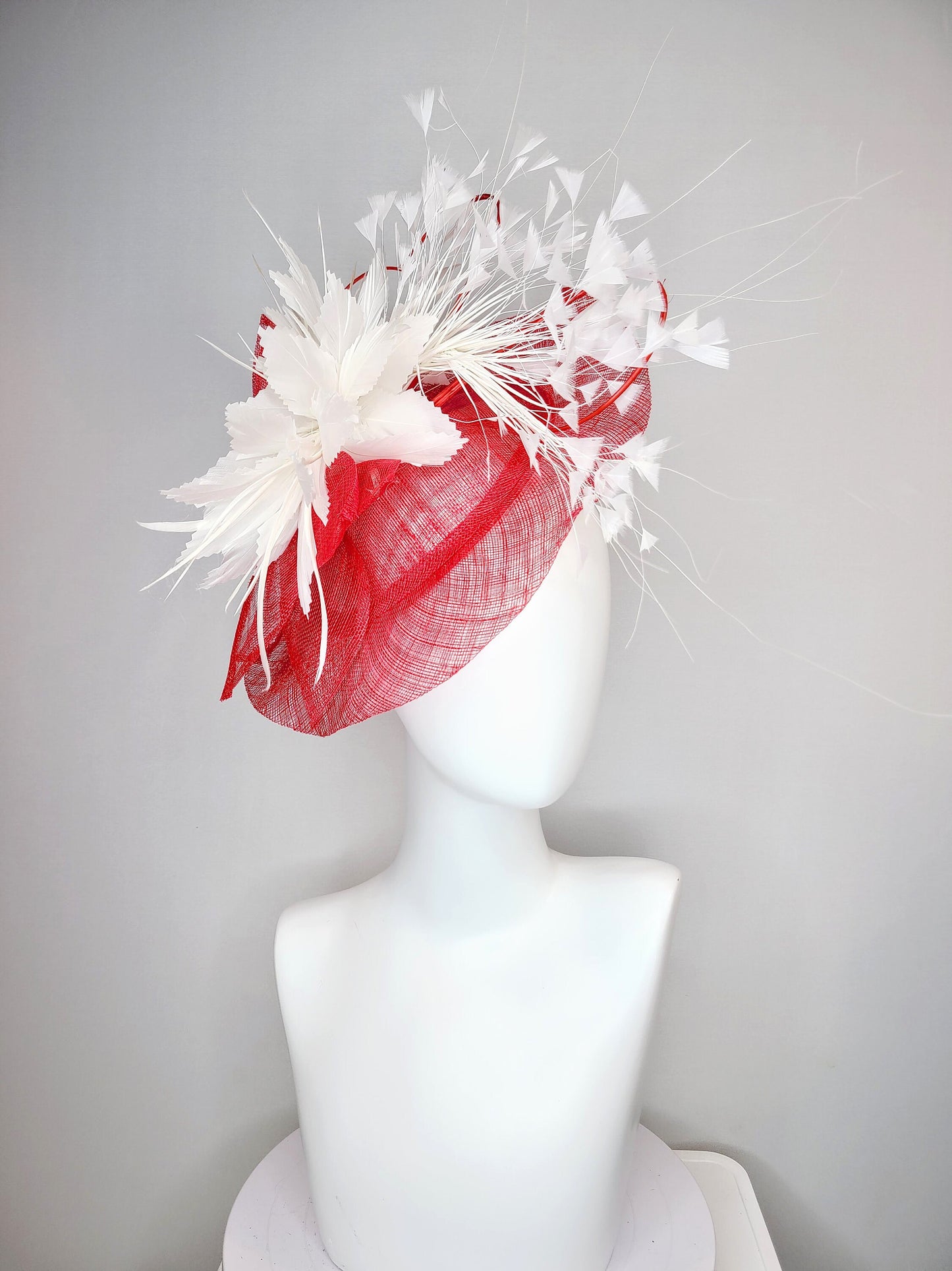 kentucky derby hat fascinator red sinamay saucer and flower with quills with white feather flower and feather spray