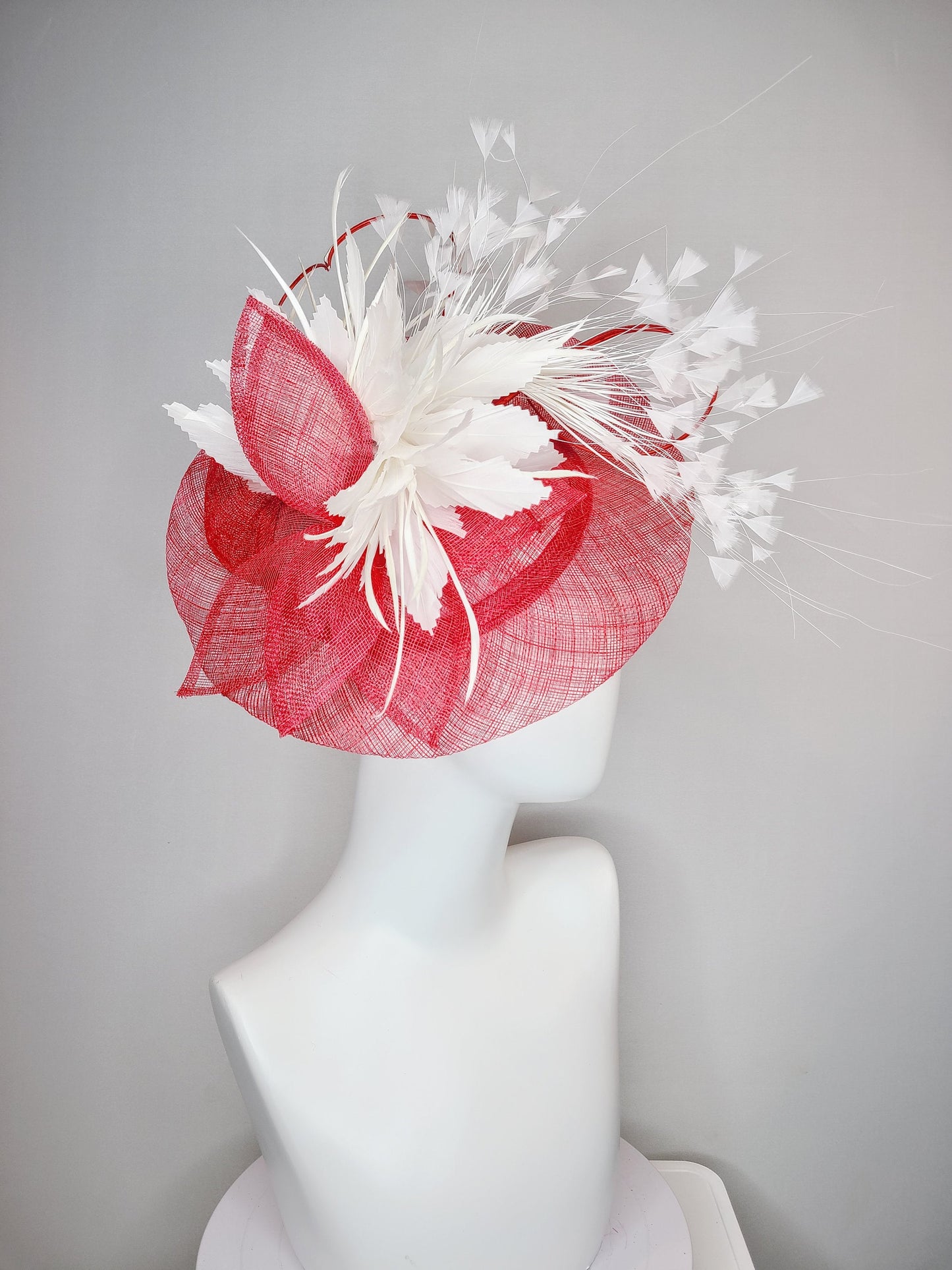 kentucky derby hat fascinator red sinamay saucer and flower with quills with white feather flower and feather spray