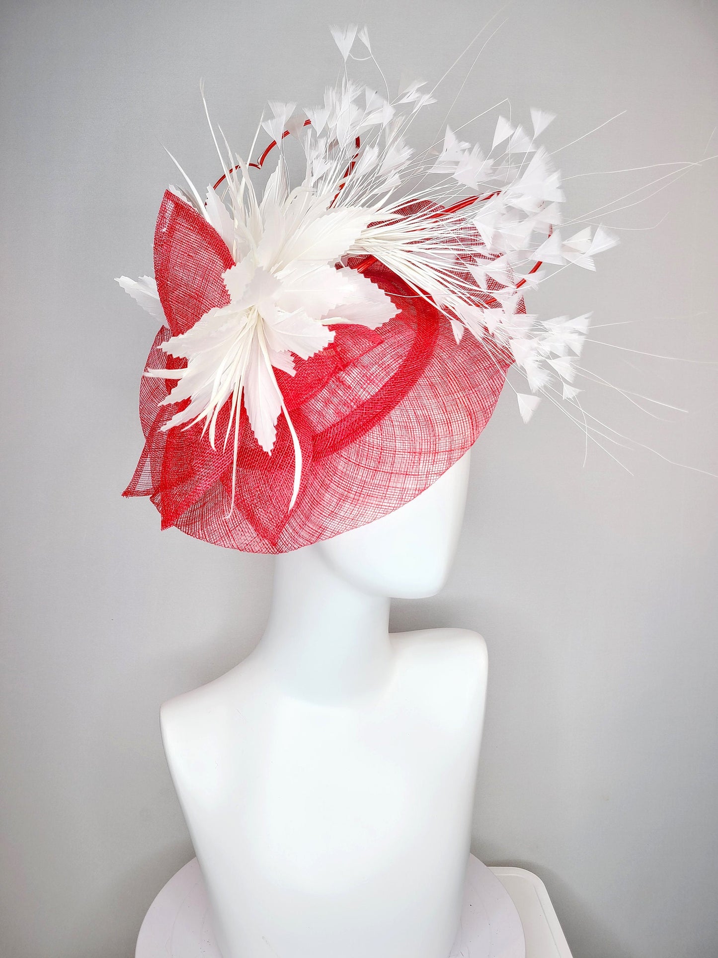 kentucky derby hat fascinator red sinamay saucer and flower with quills with white feather flower and feather spray