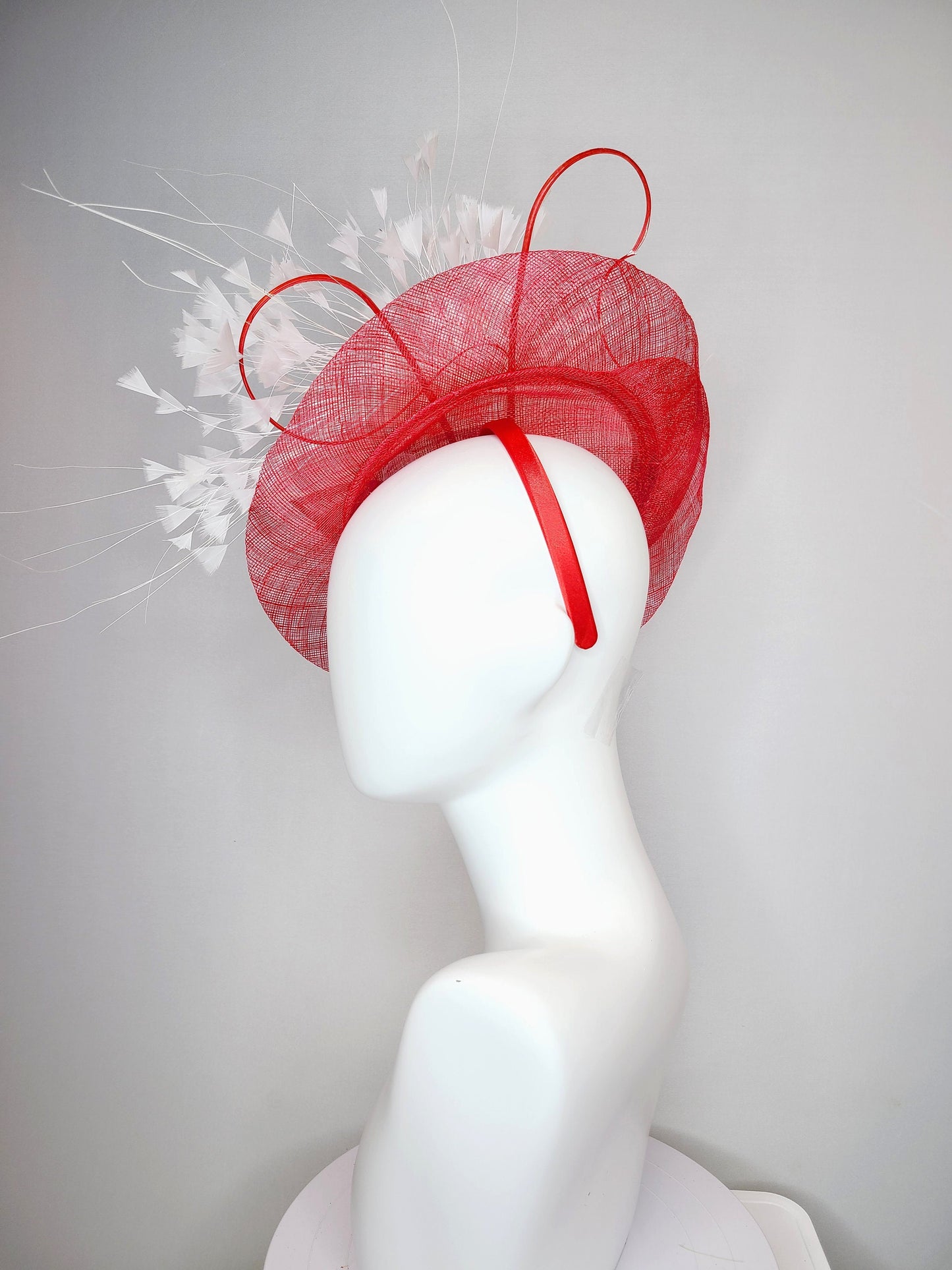 kentucky derby hat fascinator red sinamay saucer and flower with quills with white feather flower and feather spray