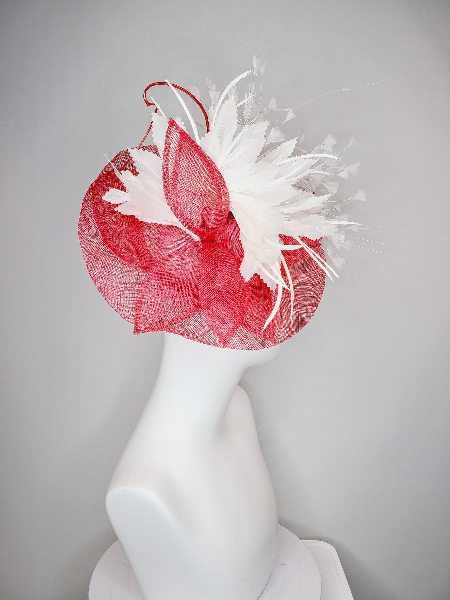 kentucky derby hat fascinator red sinamay saucer and flower with quills with white feather flower and feather spray
