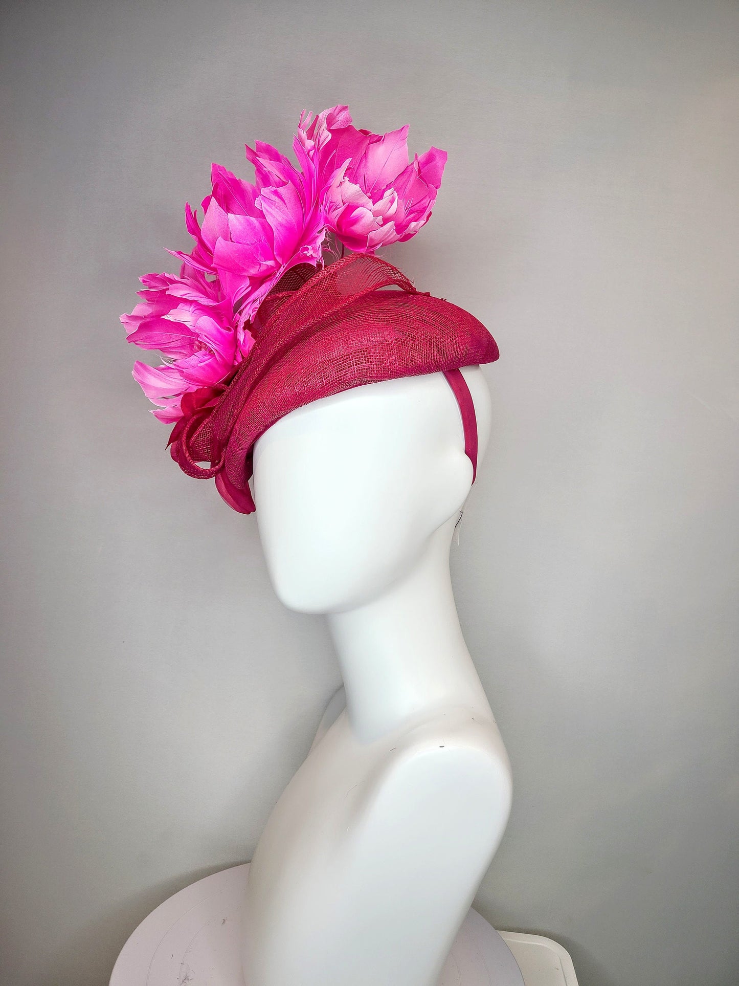 kentucky derby hat fascinator large dark pink sinamay teardrop base with large hot pink feather flowers