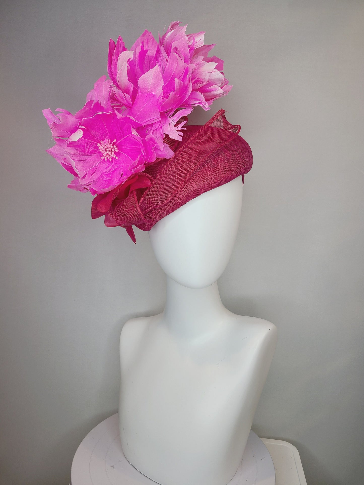 kentucky derby hat fascinator large dark pink sinamay teardrop base with large hot pink feather flowers