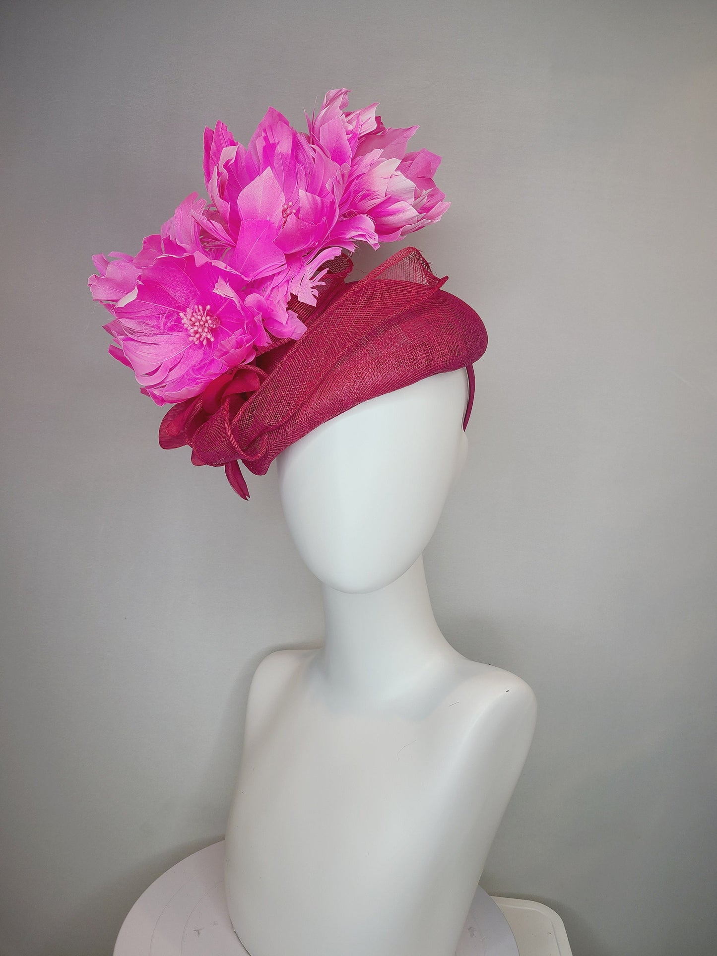 kentucky derby hat fascinator large dark pink sinamay teardrop base with large hot pink feather flowers