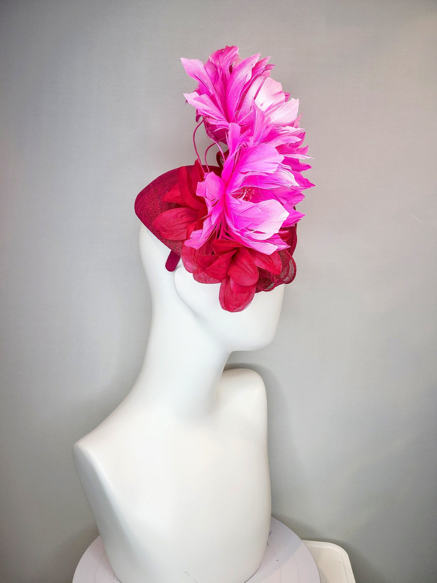 kentucky derby hat fascinator large dark pink sinamay teardrop base with large hot pink feather flowers