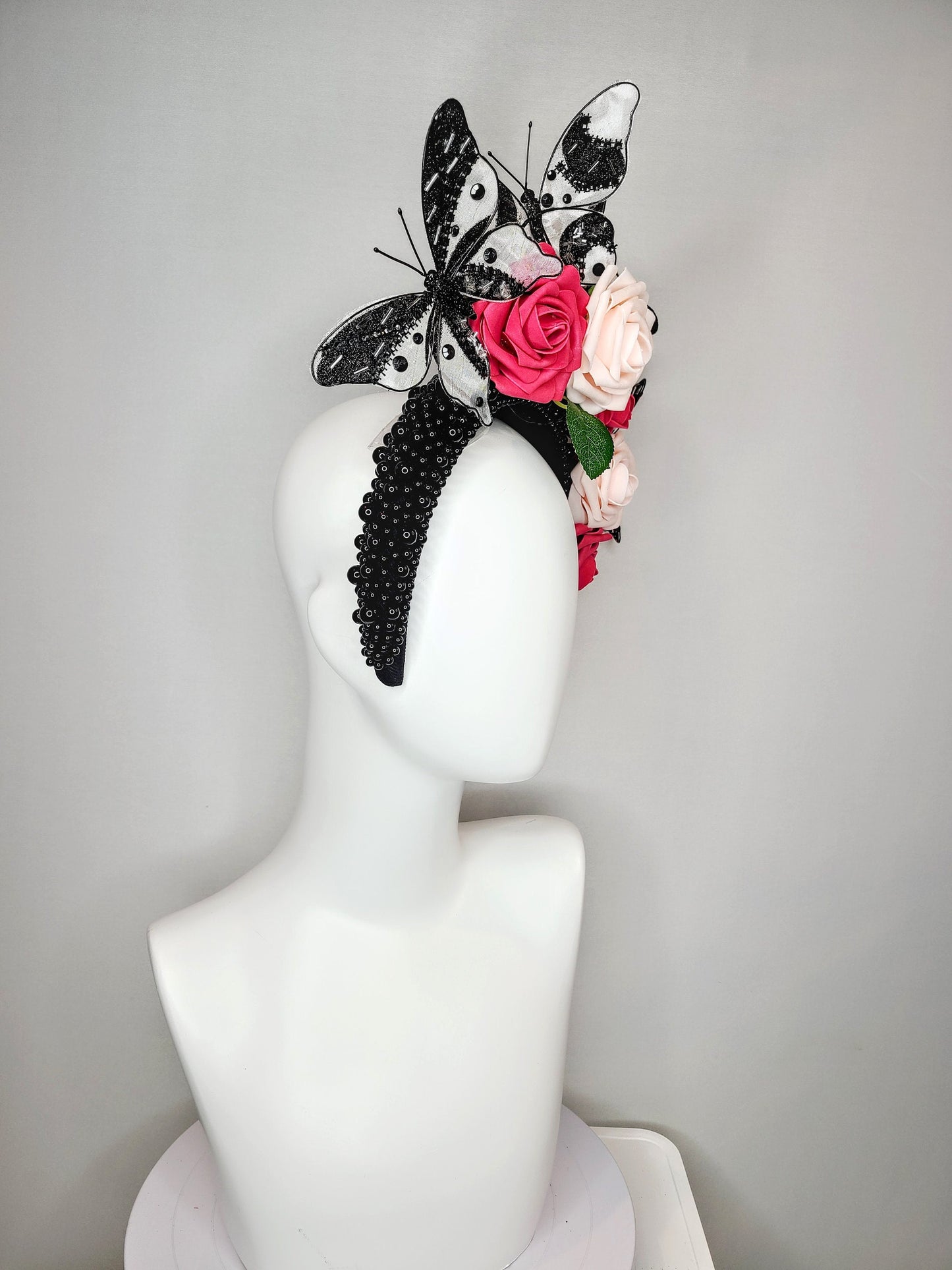 kentucky derby hat fascinator black pearl headband pink and blush roses flowers with white and black butterflies