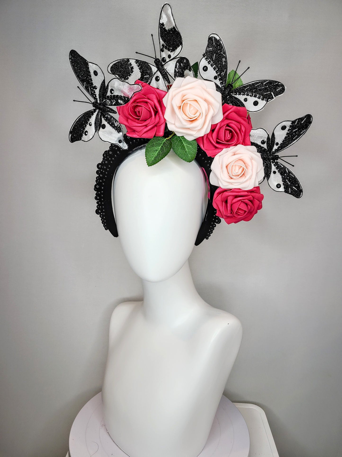 kentucky derby hat fascinator black pearl headband pink and blush roses flowers with white and black butterflies