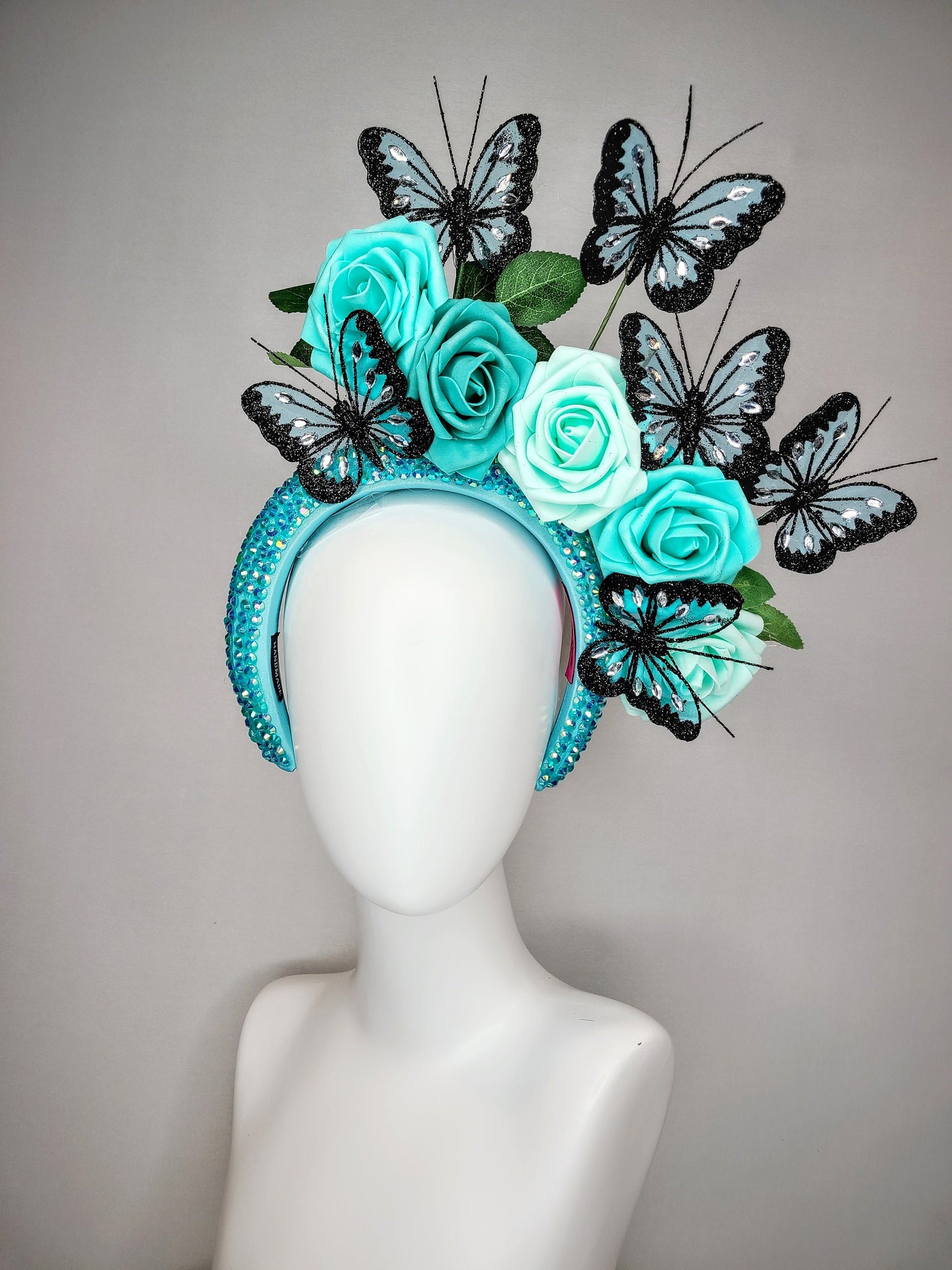 kentucky derby hat fascinator swarovski crystal rhinestone blue headband turquoise aqua roses and black teal blue butterflies
