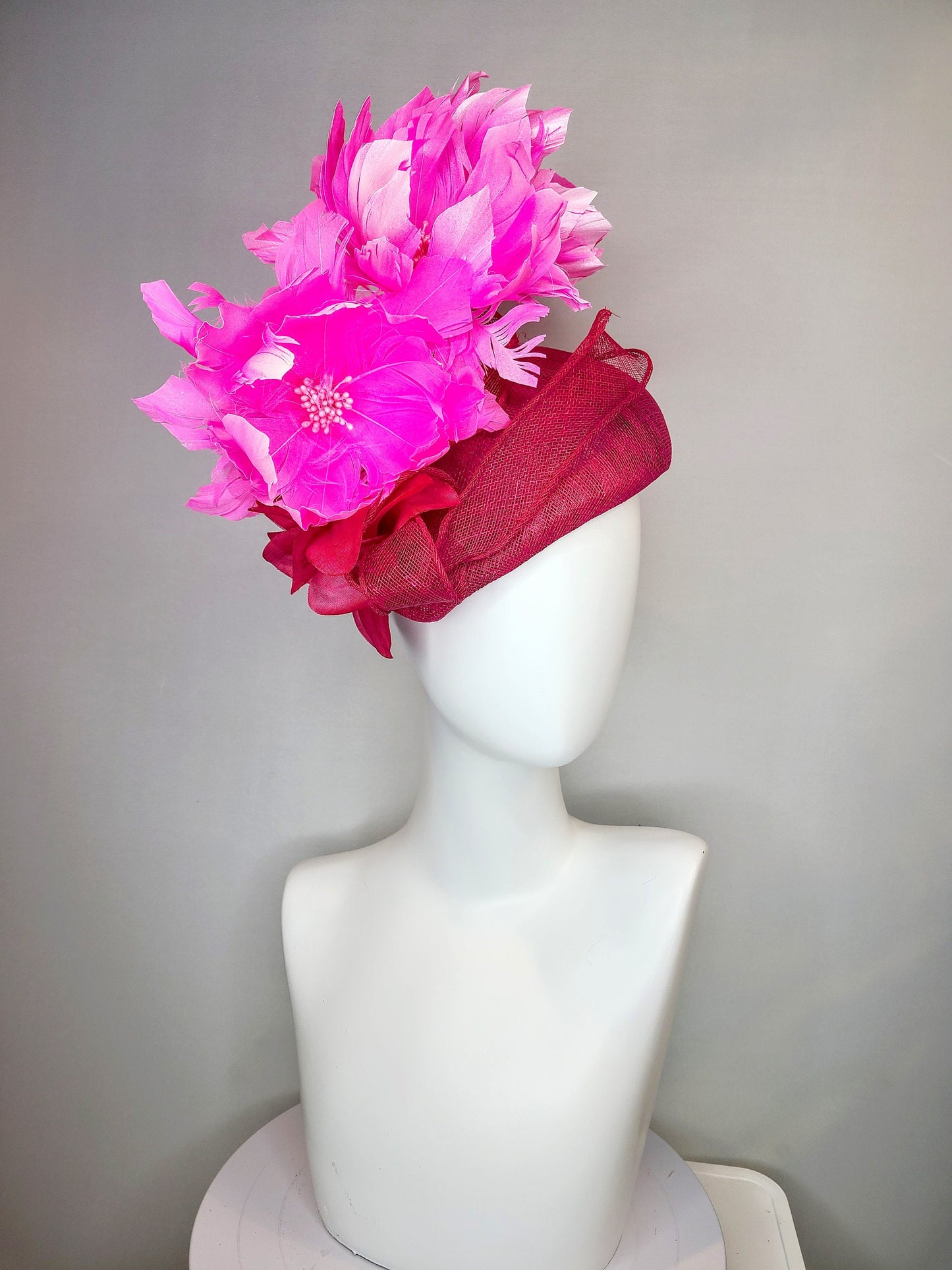 kentucky derby hat fascinator large dark pink sinamay teardrop base with large hot pink feather flowers