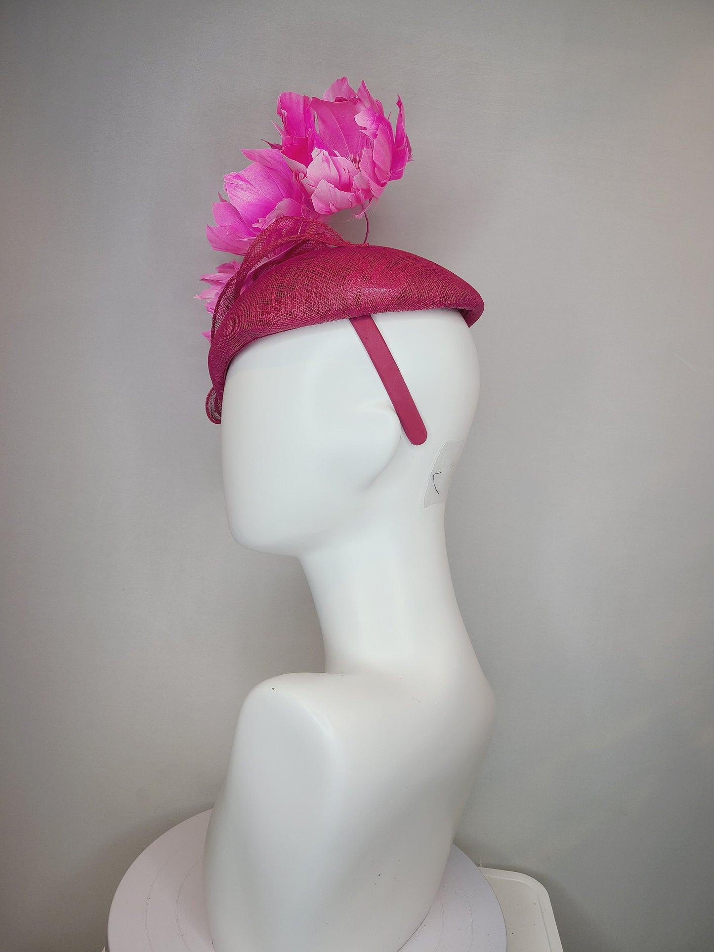kentucky derby hat fascinator large dark pink sinamay teardrop base with large hot pink feather flowers