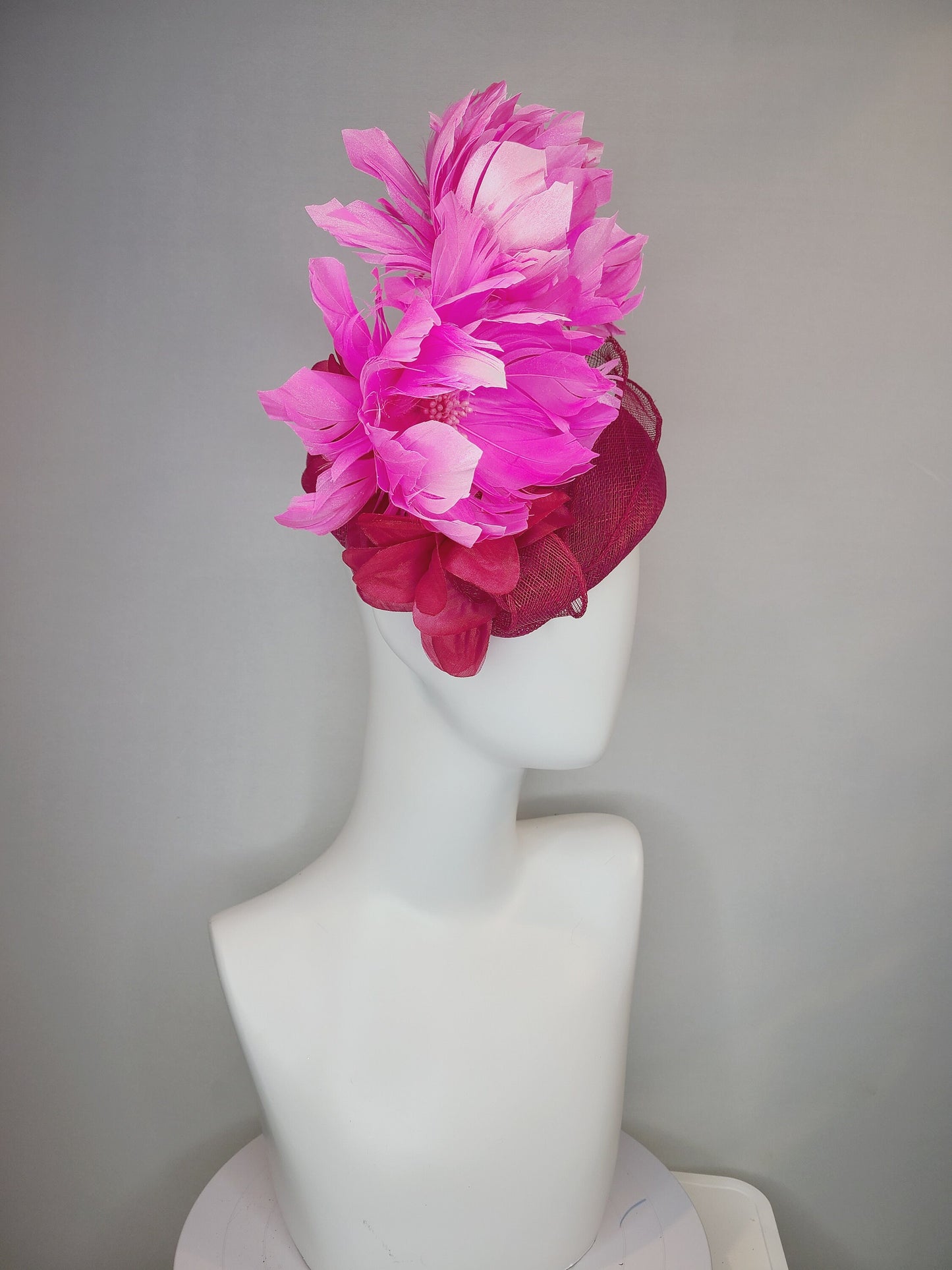 kentucky derby hat fascinator large dark pink sinamay teardrop base with large hot pink feather flowers