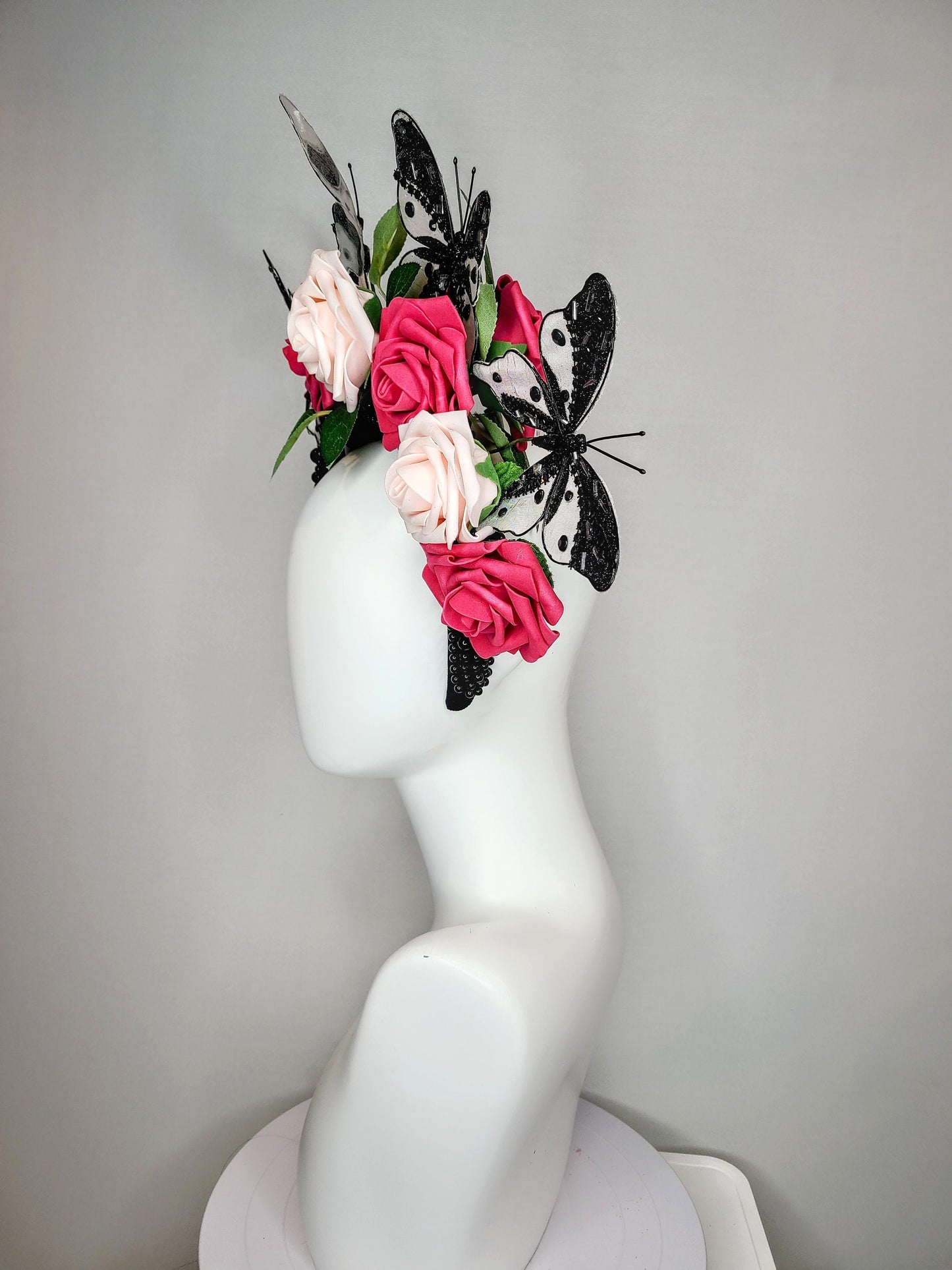 kentucky derby hat fascinator black pearl headband pink and blush roses flowers with white and black butterflies