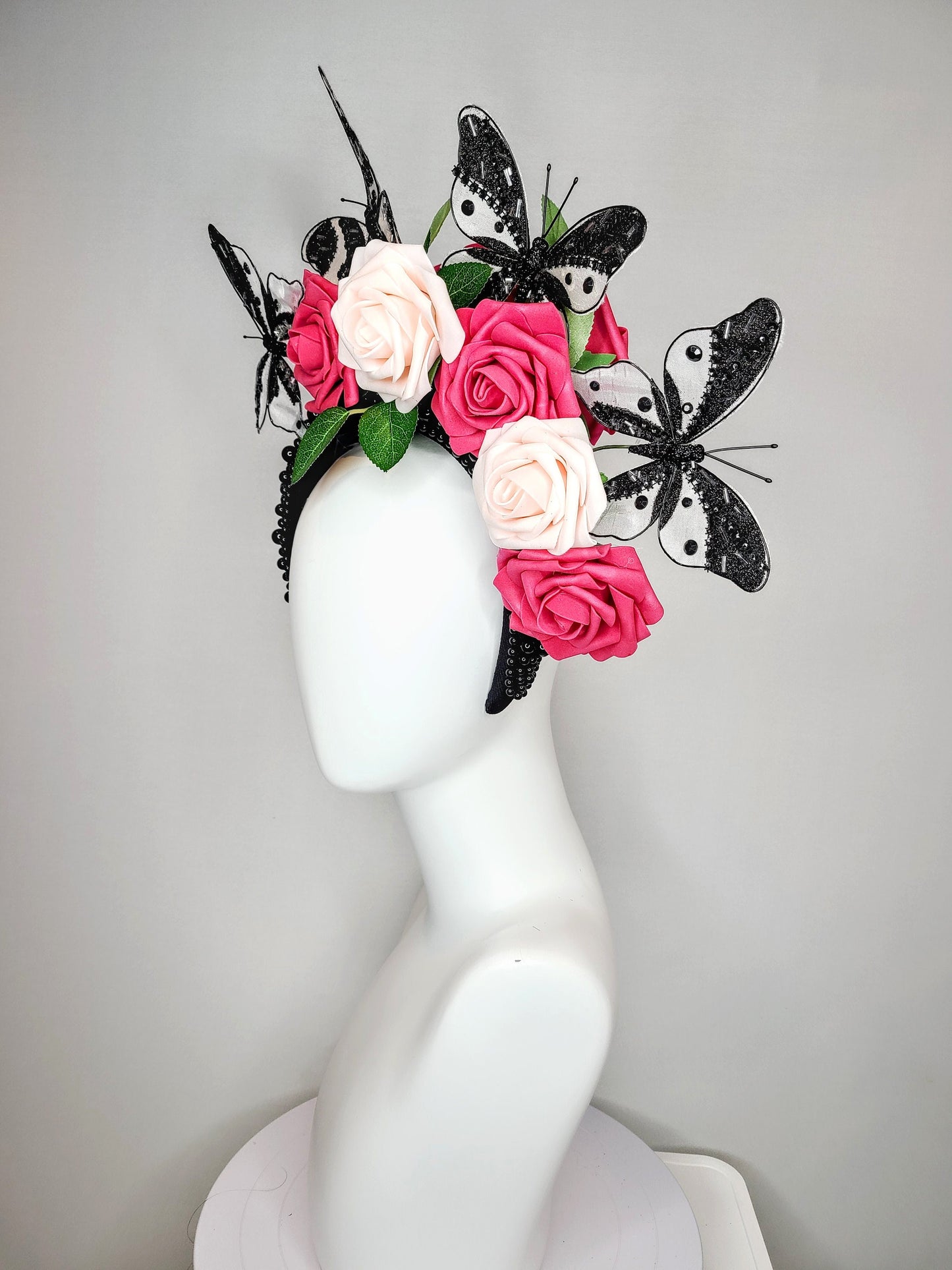 kentucky derby hat fascinator black pearl headband pink and blush roses flowers with white and black butterflies