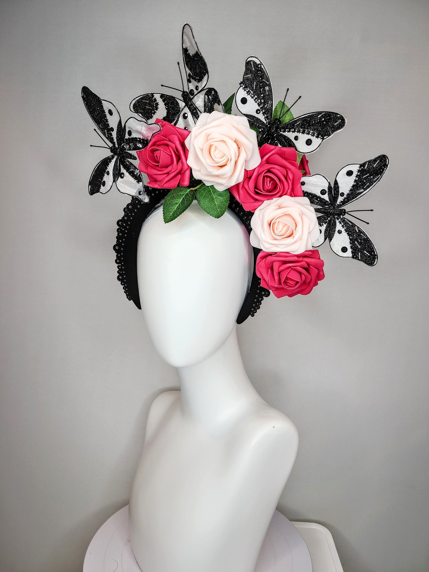 kentucky derby hat fascinator black pearl headband pink and blush roses flowers with white and black butterflies