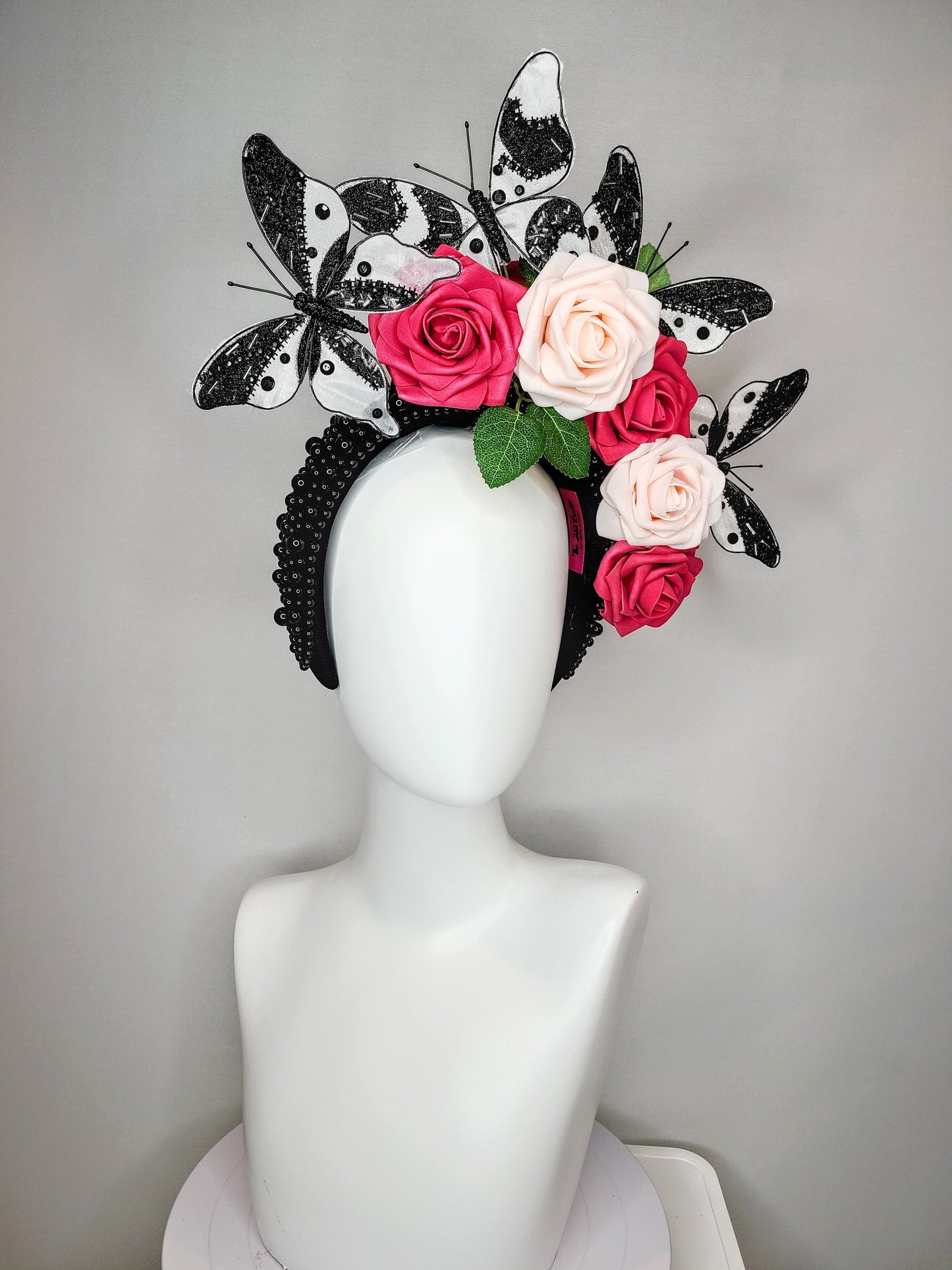 kentucky derby hat fascinator black pearl headband pink and blush roses flowers with white and black butterflies
