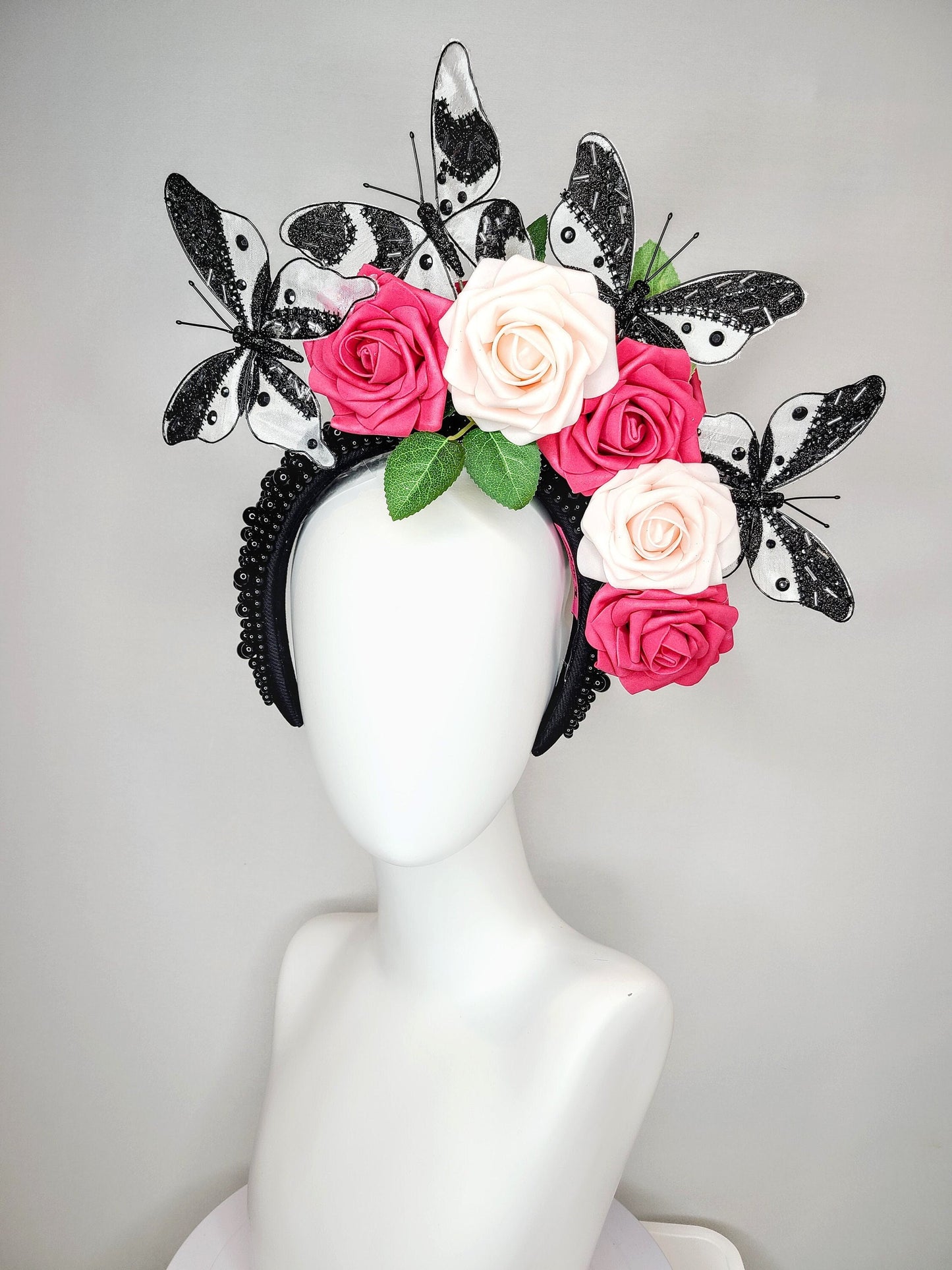 kentucky derby hat fascinator black pearl headband pink and blush roses flowers with white and black butterflies