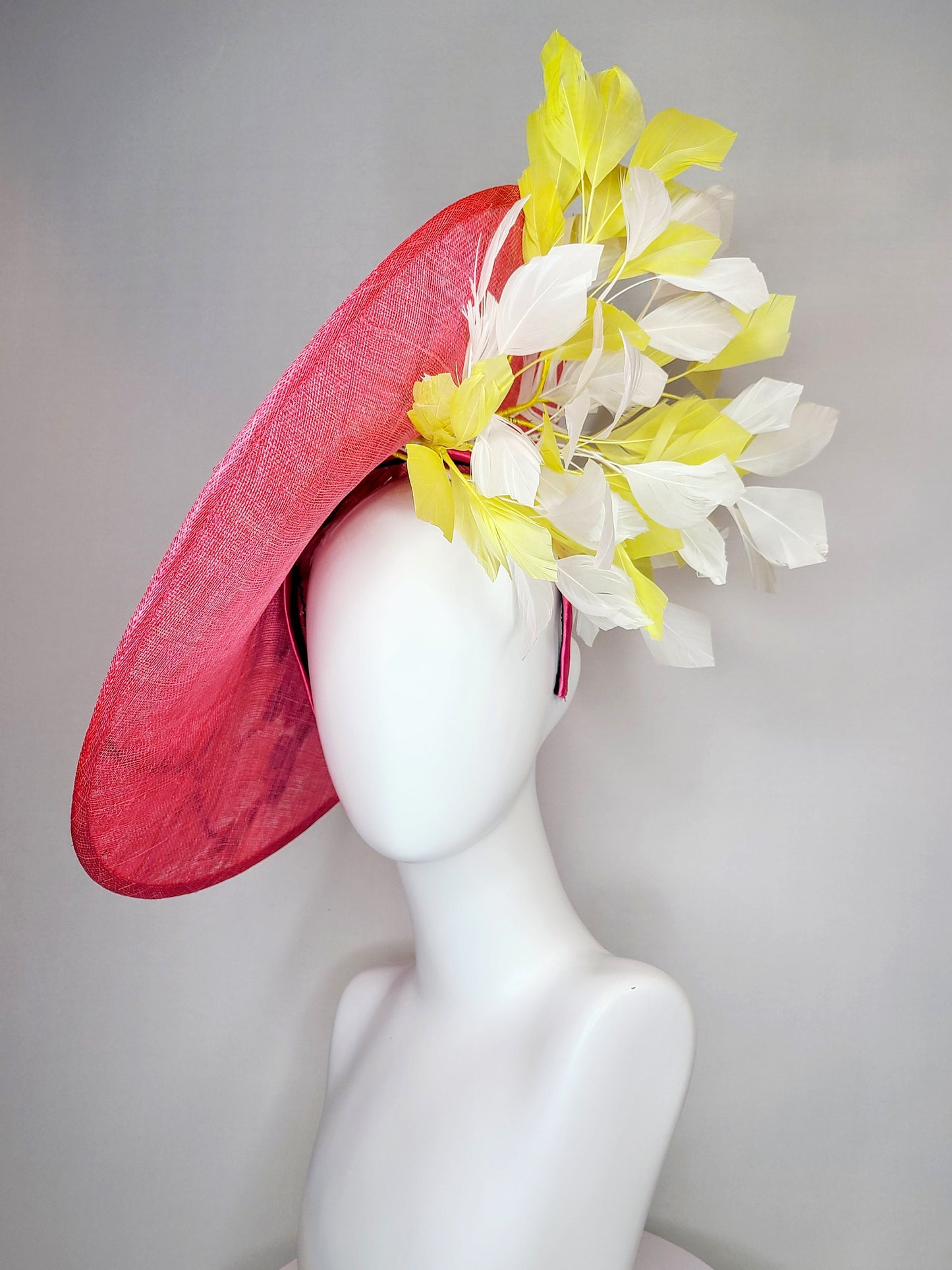 kentucky derby hat fascinator large coral sinamay saucer with embroidered white pink gold flowers with yellow and white feathers