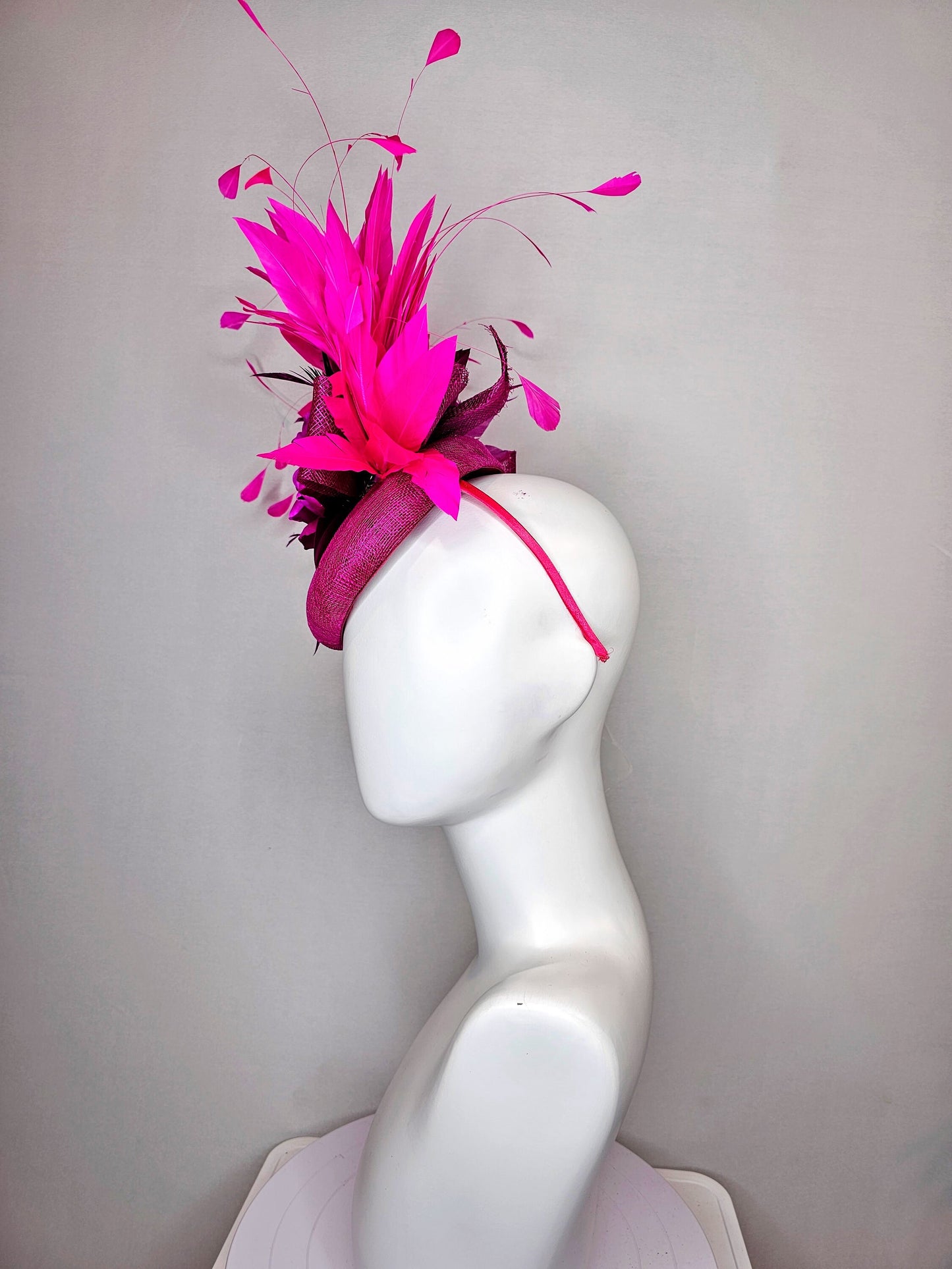 kentucky derby hat fascinator purple magenta sinamay with purple rose and bright pink fuchsia feathers