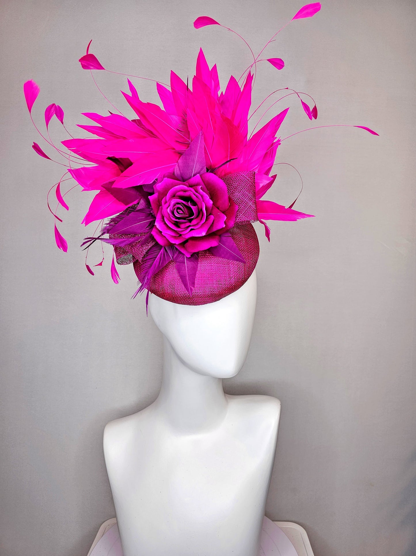 kentucky derby hat fascinator purple magenta sinamay with purple rose and bright pink fuchsia feathers