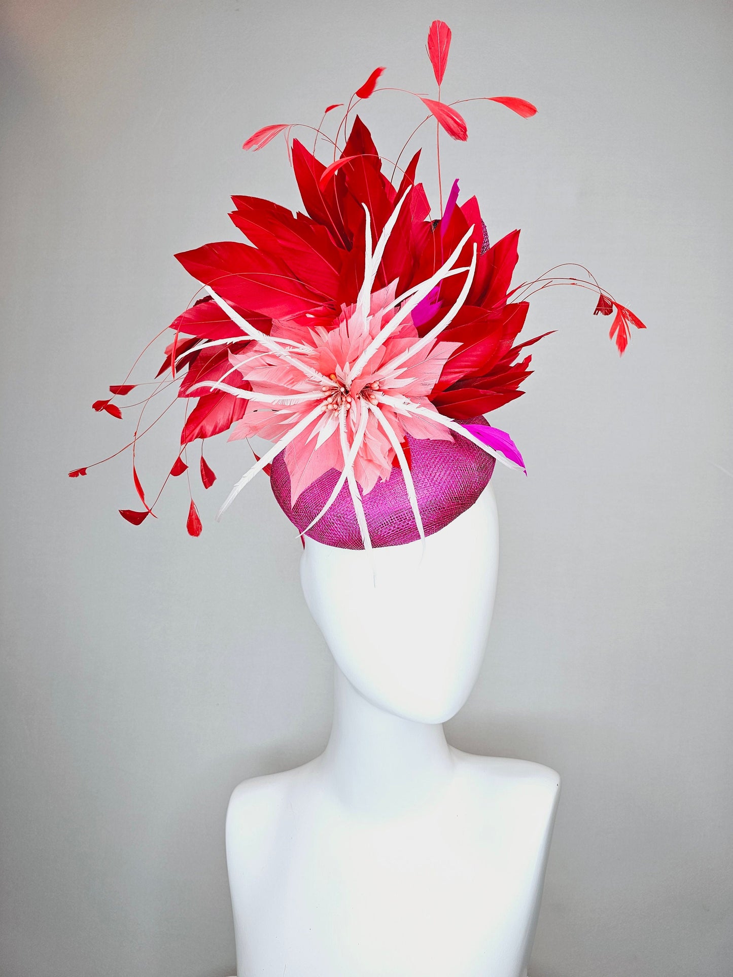 kentucky derby hat fascinator purple magenta sinamay with coral orange and white feather flowers with bright red feathers