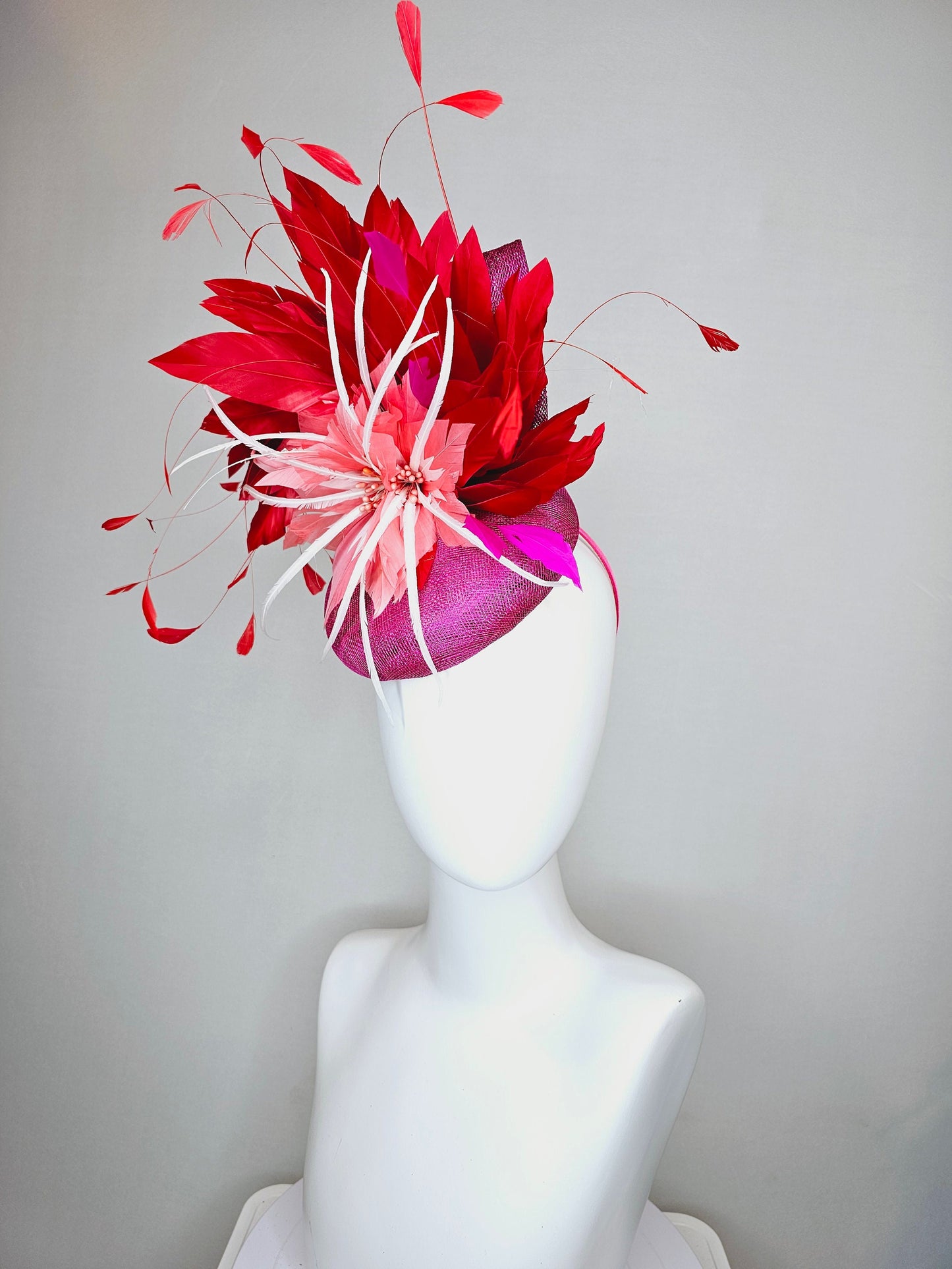 kentucky derby hat fascinator purple magenta sinamay with coral orange and white feather flowers with bright red feathers
