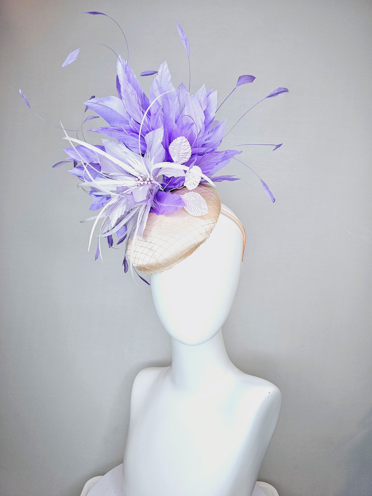 kentucky derby hat fascinator champagne neutral satin with lavender white feather flowers with purple violet feathers