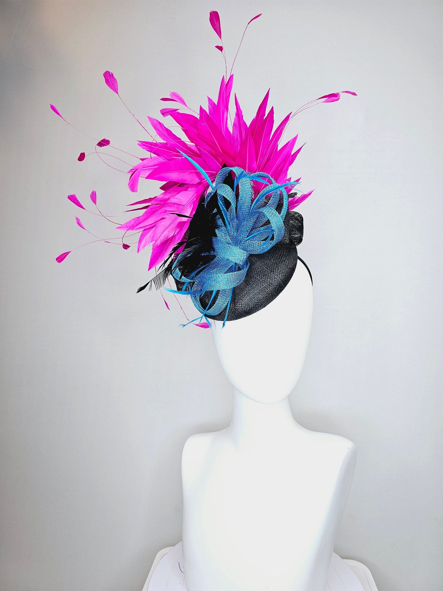 kentucky derby hat fascinator black sinamay with black and hot pink fuchsia branching feathers, blue sinamay bow flower