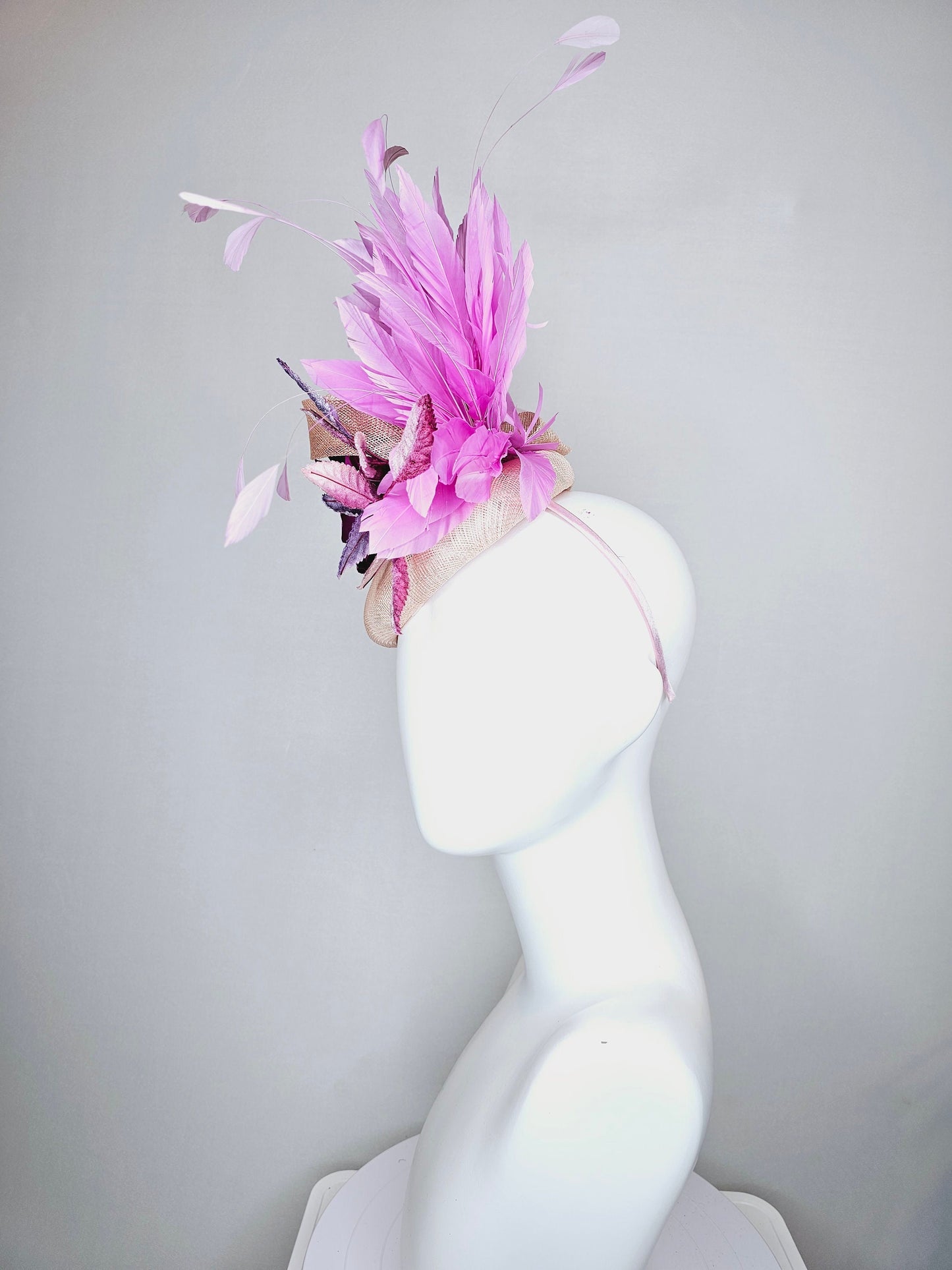 kentucky derby hat fascinator light pink blush beige sinamay with purple rose and pink purple feathers and purple violet velvet leaves