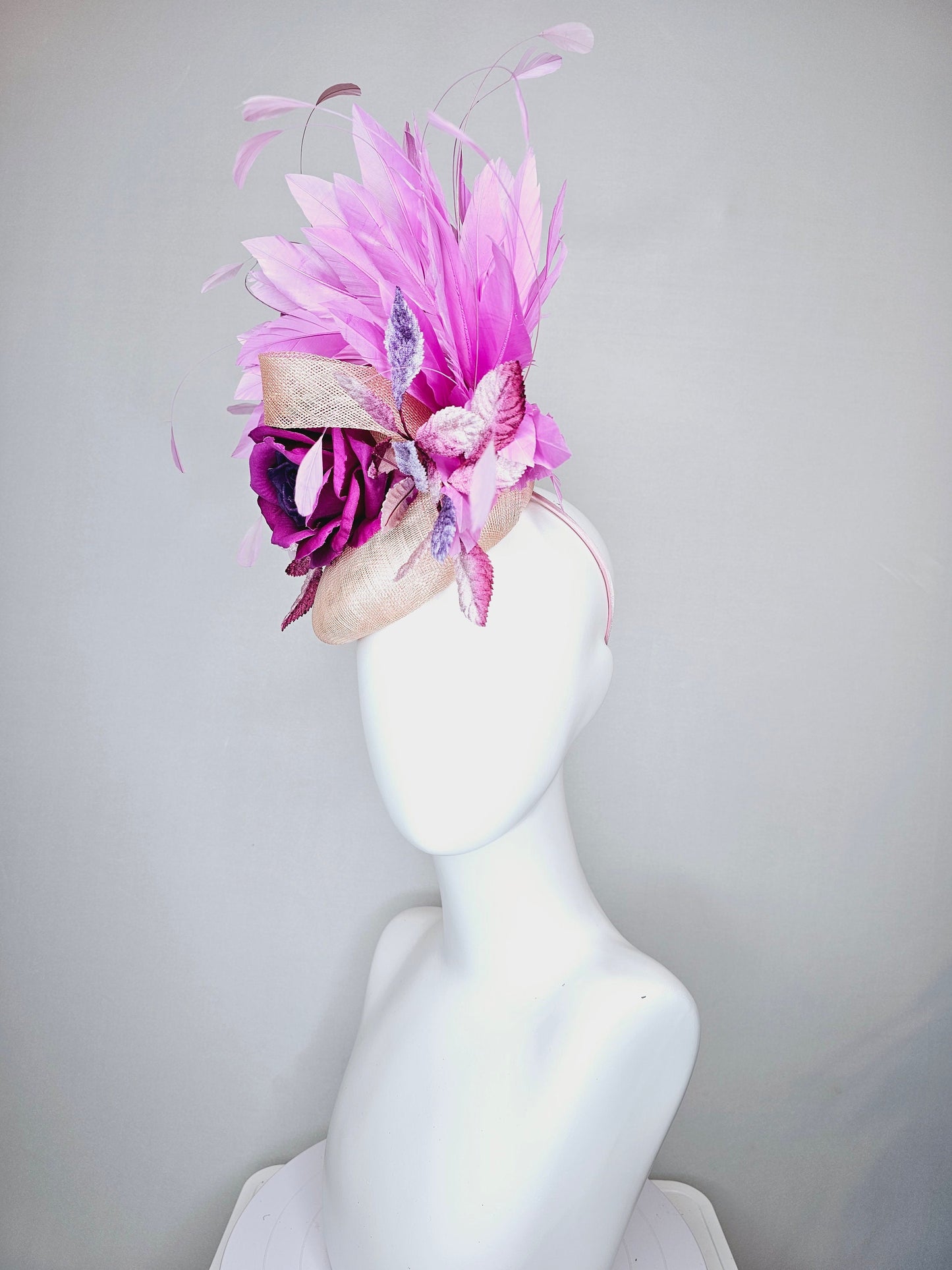 kentucky derby hat fascinator light pink blush beige sinamay with purple rose and pink purple feathers and purple violet velvet leaves