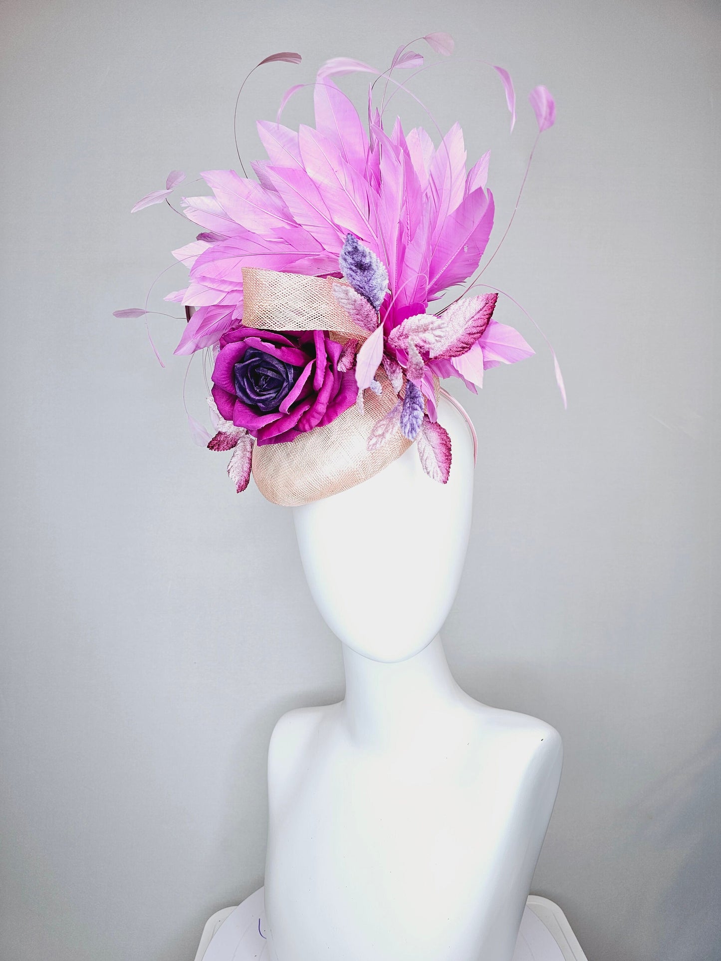kentucky derby hat fascinator light pink blush beige sinamay with purple rose and pink purple feathers and purple violet velvet leaves