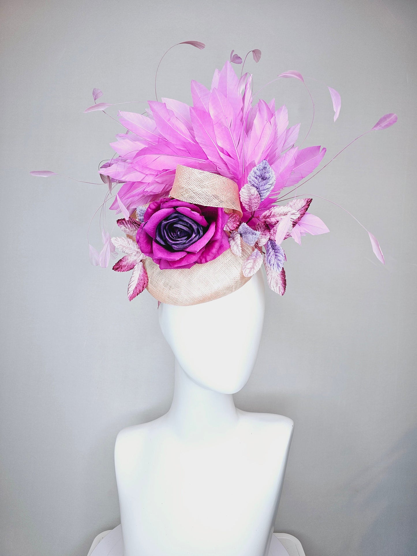 kentucky derby hat fascinator light pink blush beige sinamay with purple rose and pink purple feathers and purple violet velvet leaves