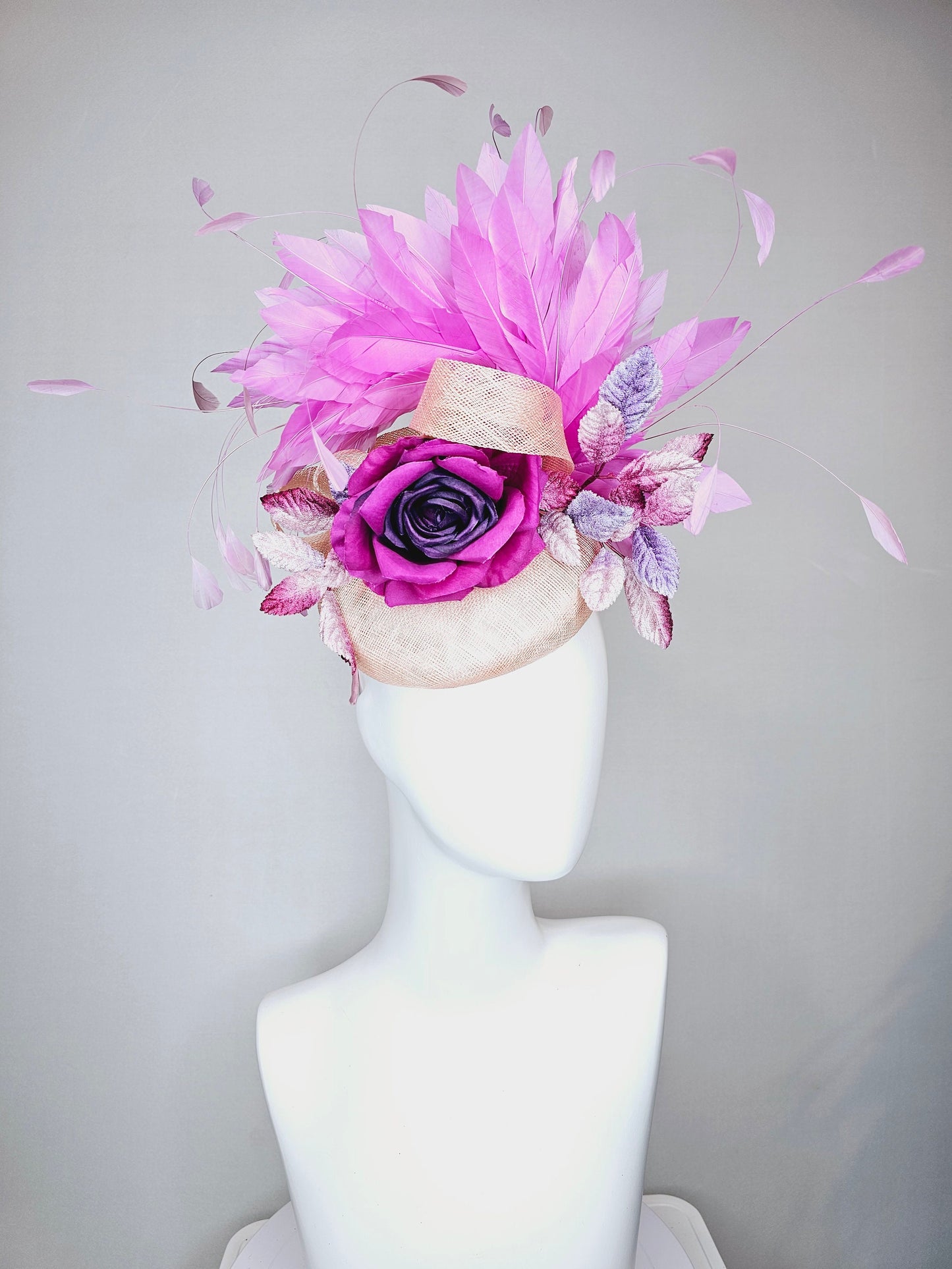 kentucky derby hat fascinator light pink blush beige sinamay with purple rose and pink purple feathers and purple violet velvet leaves