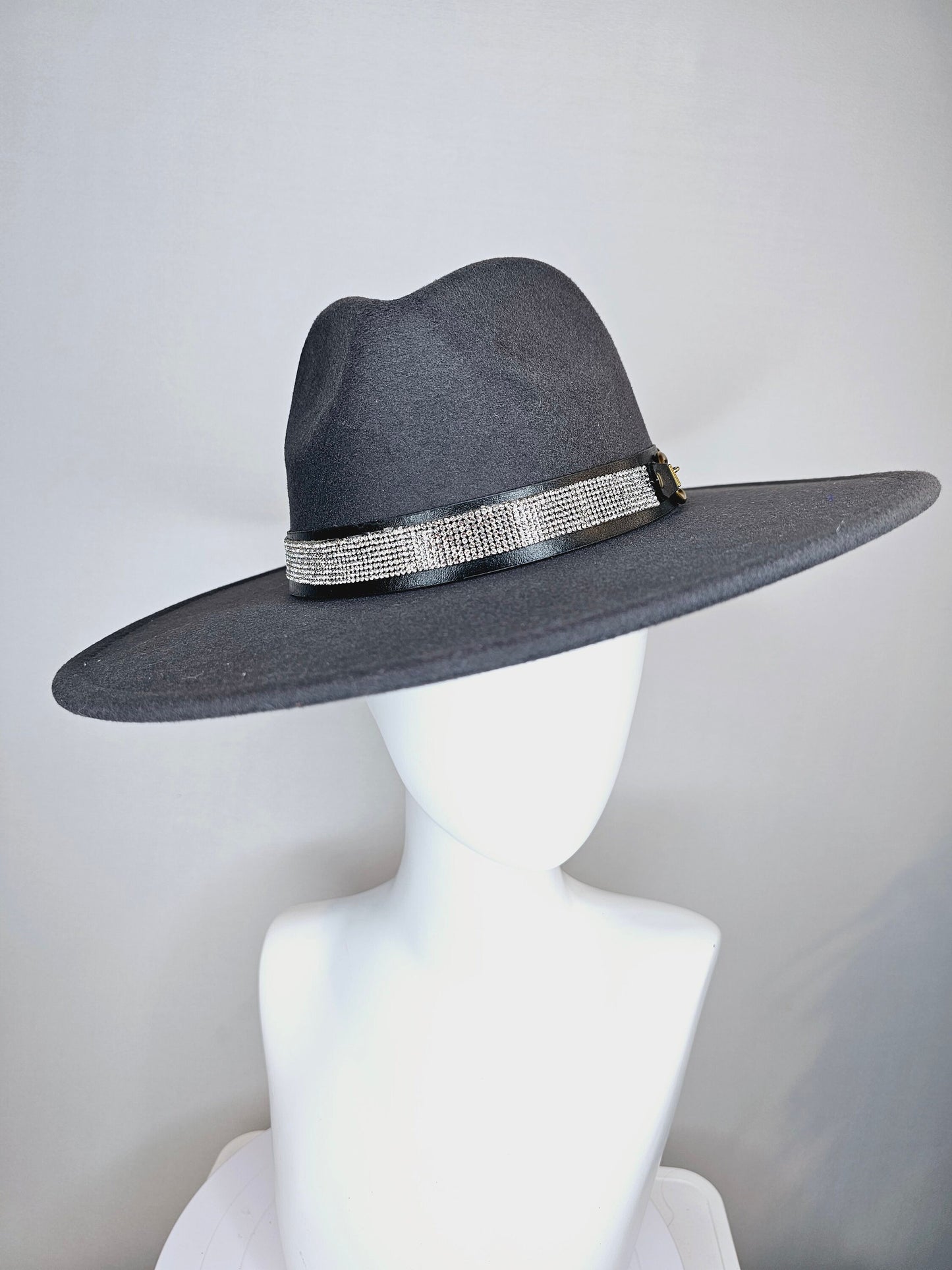 kentucky derby hat wide brim black felt fedora rancher panama hat with crystal band with stunning vegan leather and gold horsebit decor