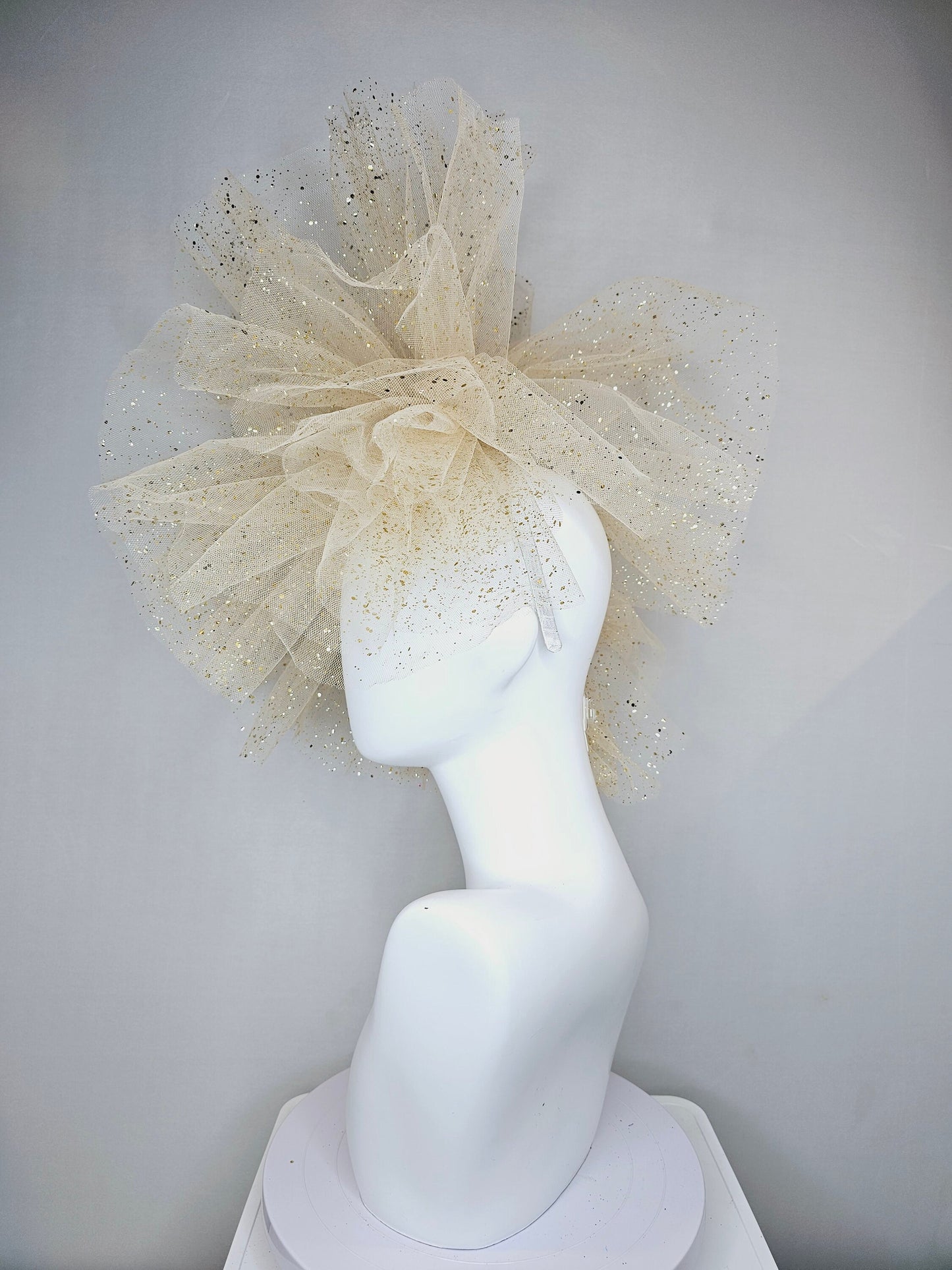 kentucky derby hat fascinator large sparkle glitter tulle gold netting with headband