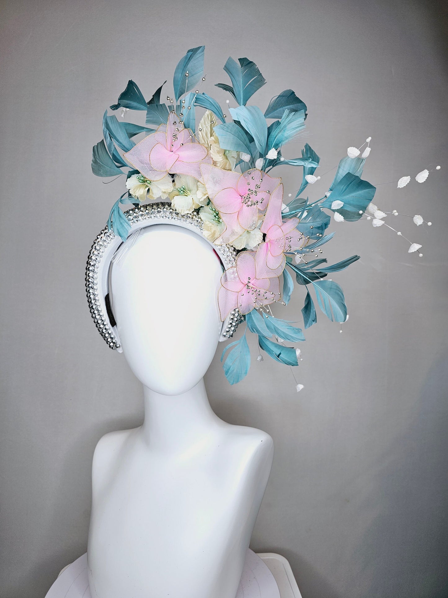kentucky derby hat fascinator silver swarovski crystal headband with light peacock green blue feathers with pink wired flowers and pearls