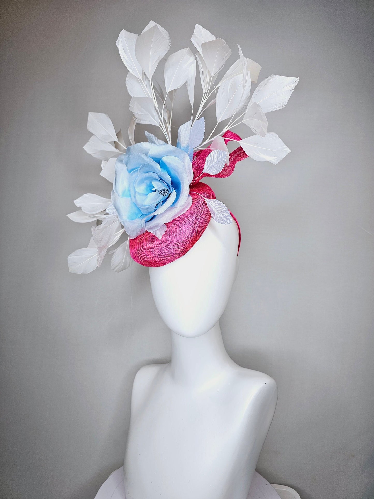 kentucky derby hat fascinator hot pink sinamay with large light blue silk rose flower and white feathers